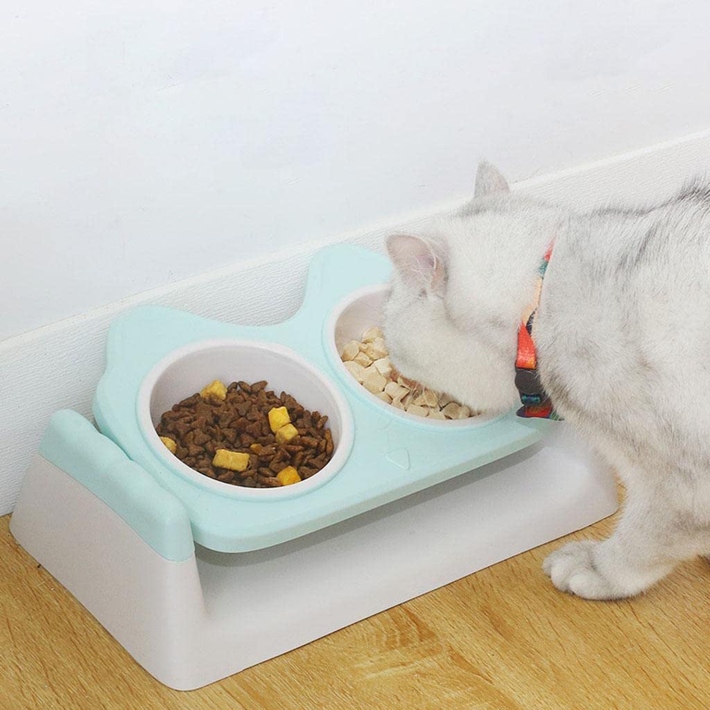 MYADDICTION Double Cat Dog Bowl - Detachable 15 Degree Tilted Pet Food & Water Dish - Anti-Slip Pet Supplies (Green) - Perfect for Kittens, Puppies & Senior Pets with Neck Pain