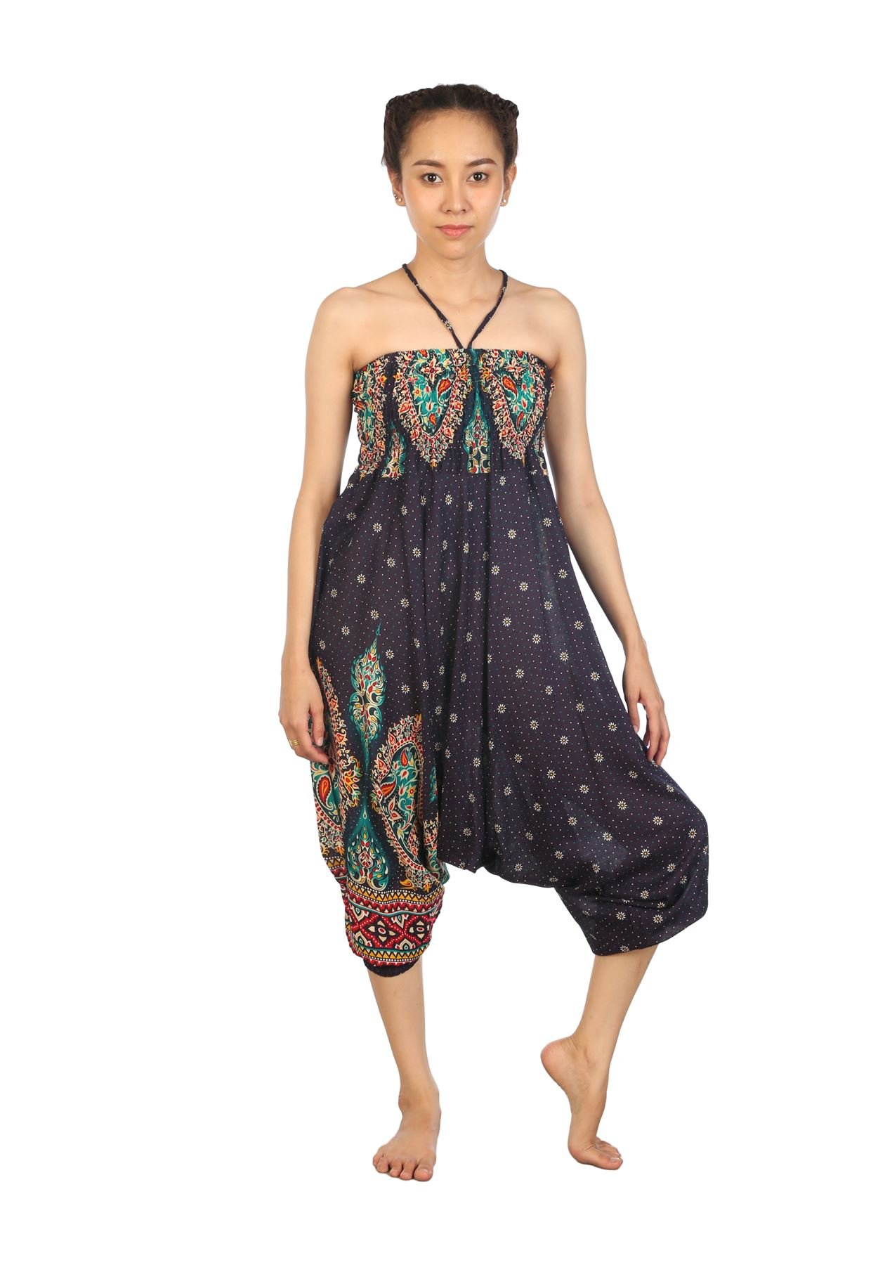 LOFBAZ Women's Boho Yoga Harem Pants - Hippie Bohemian Beach Pants, Maternity & Plus Size Genie Jumpsuit - Floral Dark Blue - Perfect for Yoga, Meditation, Beach Vacations & Festival Outfits