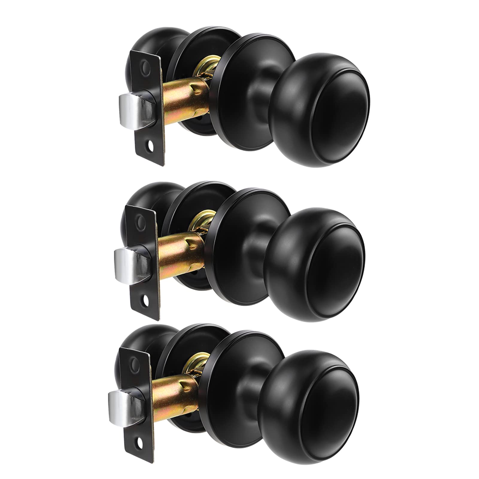 Black Keyless Interior Door Knob Set - 3 Pack Round Passage Door Handles for Hallway & Closet | No Key Needed | Smooth Operation for Bedrooms, Offices & Storage Rooms