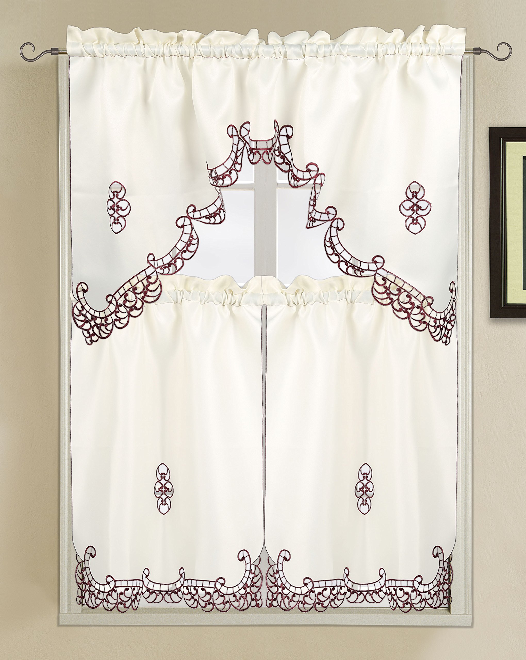 Luxury Embroidered Hand Cutwork Kitchen Curtain Set - 3PC Beige & Burgundy Window Treatment for Farmhouse, Cottage & Modern Homes - Holland Style Elegant Dining Room Decor