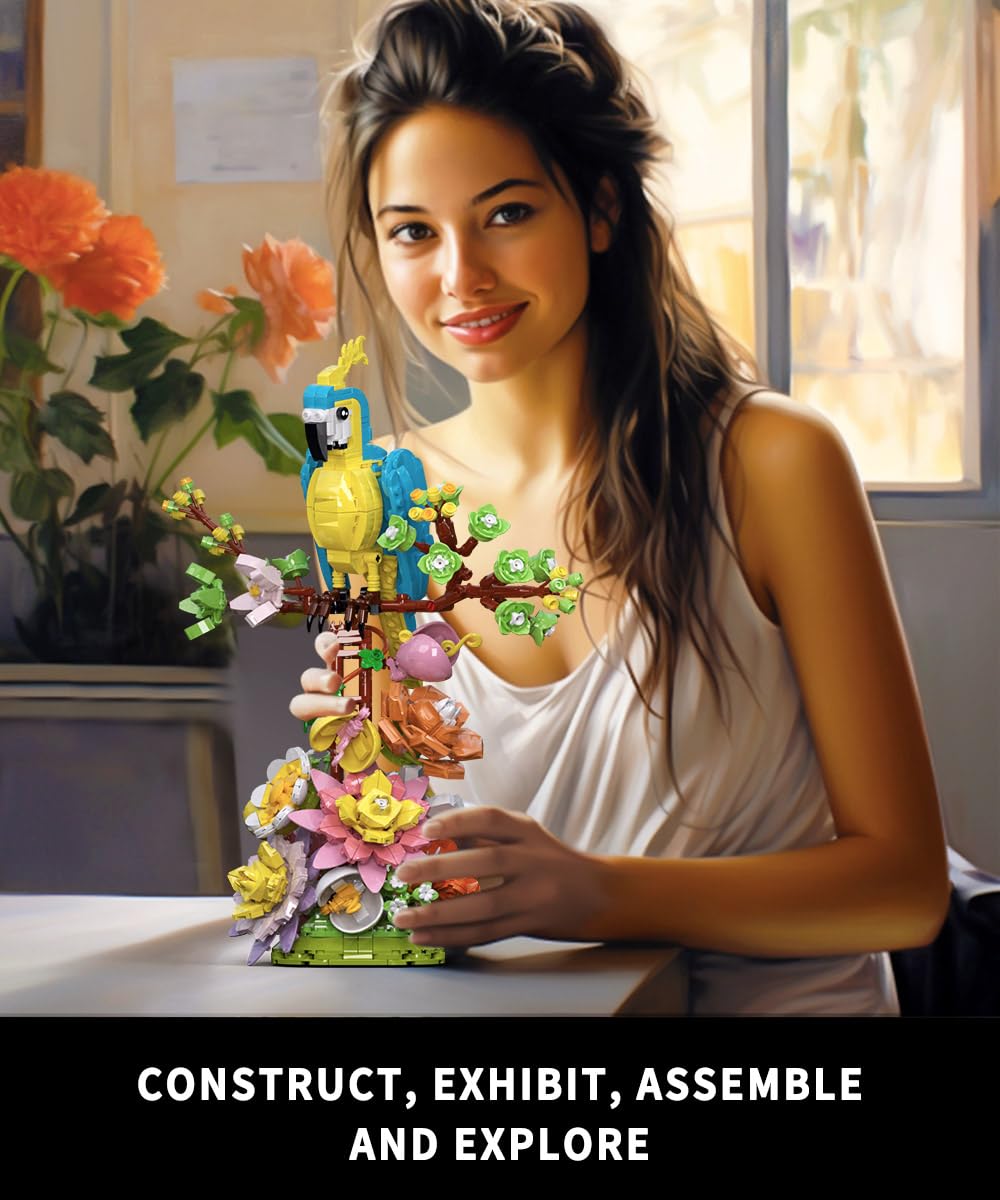 1162pcs Flowers and Parrot Building Blocks Set - Compatible with Lego Botanical Collection, Cute Bird & Succulent Plants - Perfect Gift for Valentine's Day, Mother's Day & Anniversary - Creative Home Decor & Relaxing DIY Project