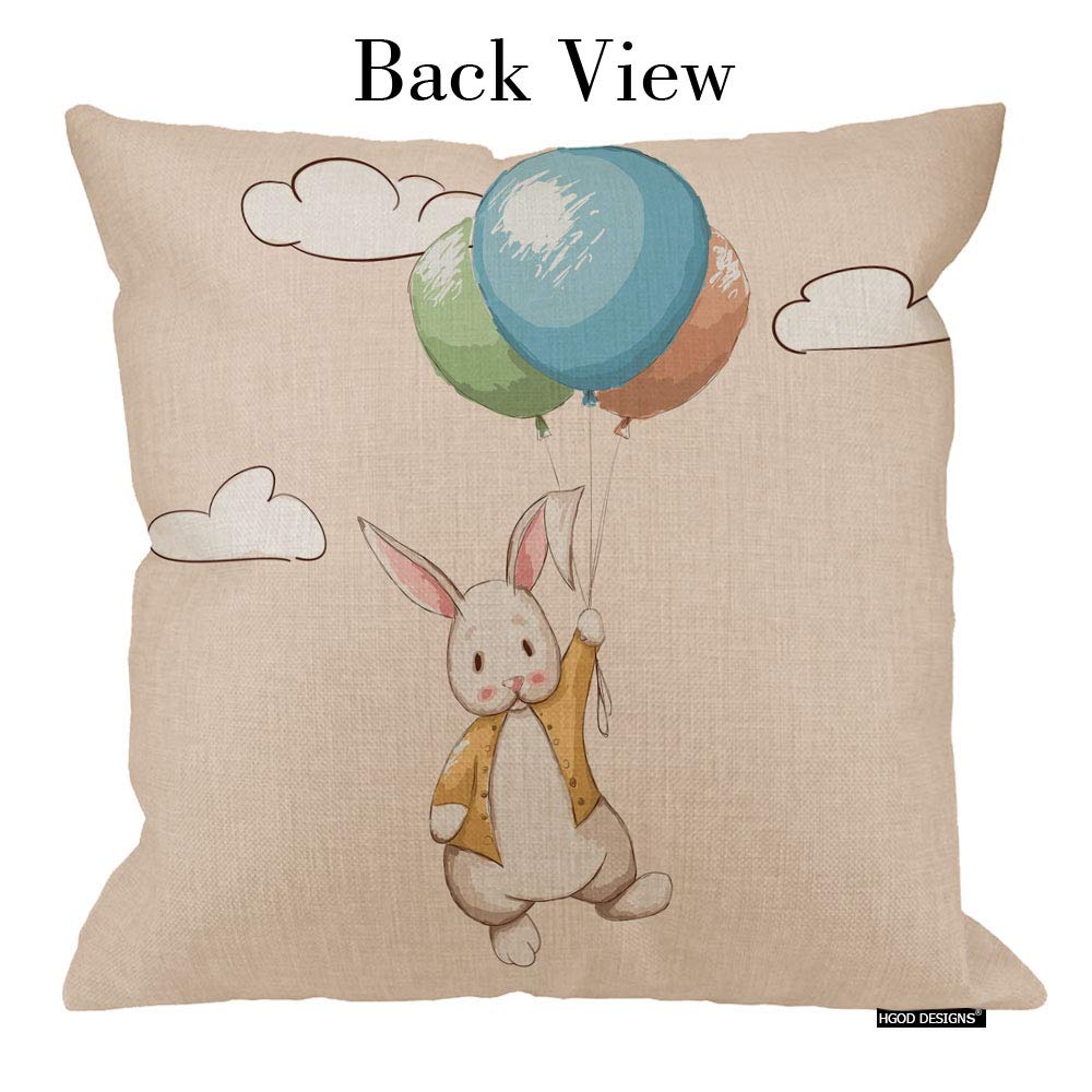 HGOD DESIGNS Rabbit Throw Pillow Covers 16x16 Inch - Cute Cartoon Bunny Flying with Balloons Home Decor for Sofa, Bed, Living Room | Perfect for Nursery, Kids Room & Cozy Gift Ideas