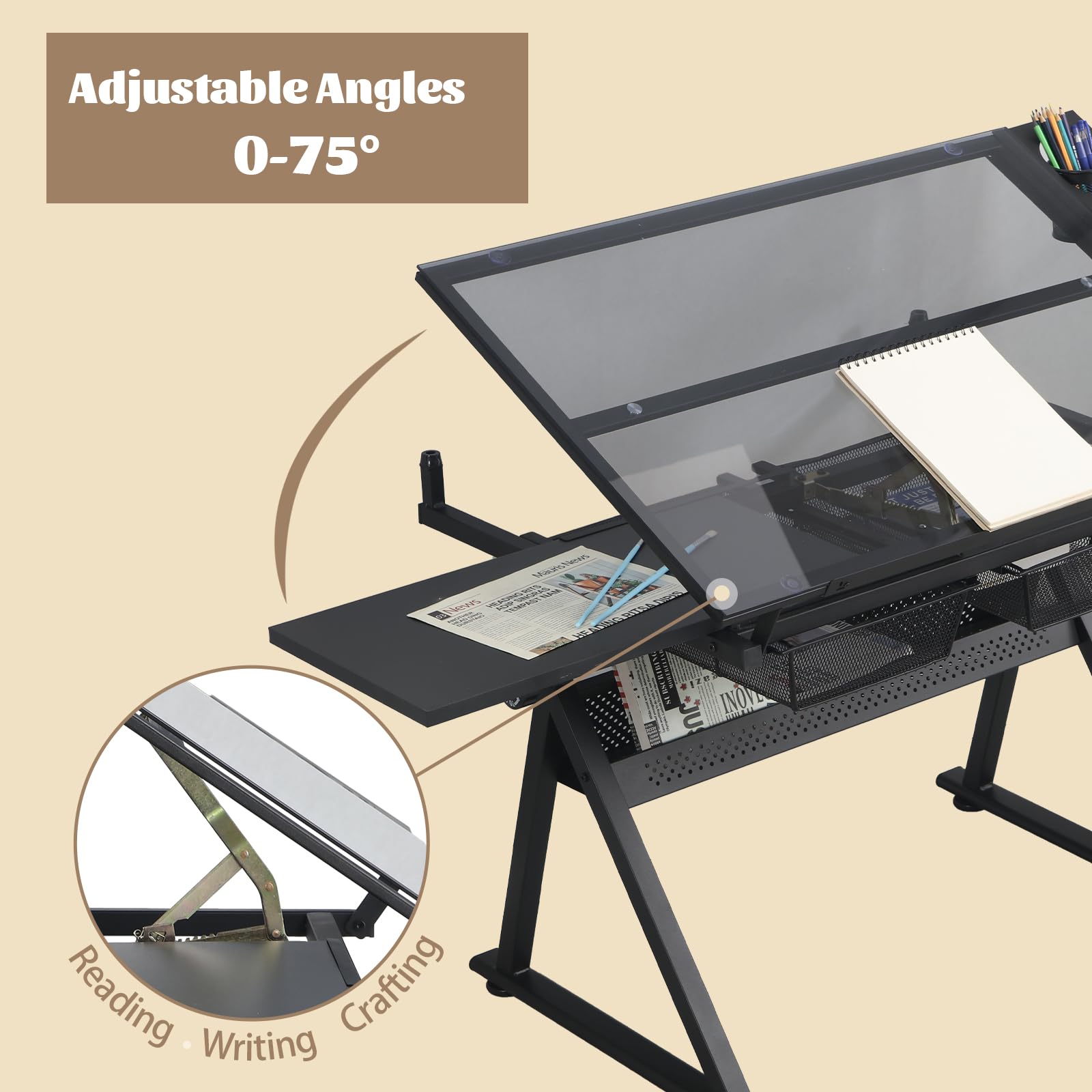 Adjustable Drafting Table with Stool - Tilting Tempered Glass Top Art Desk for Painting & Crafting, 2 Storage Drawers, Height Adjustable (Black) - Perfect for Artists, Architects & DIY Projects in Home Studio or Office