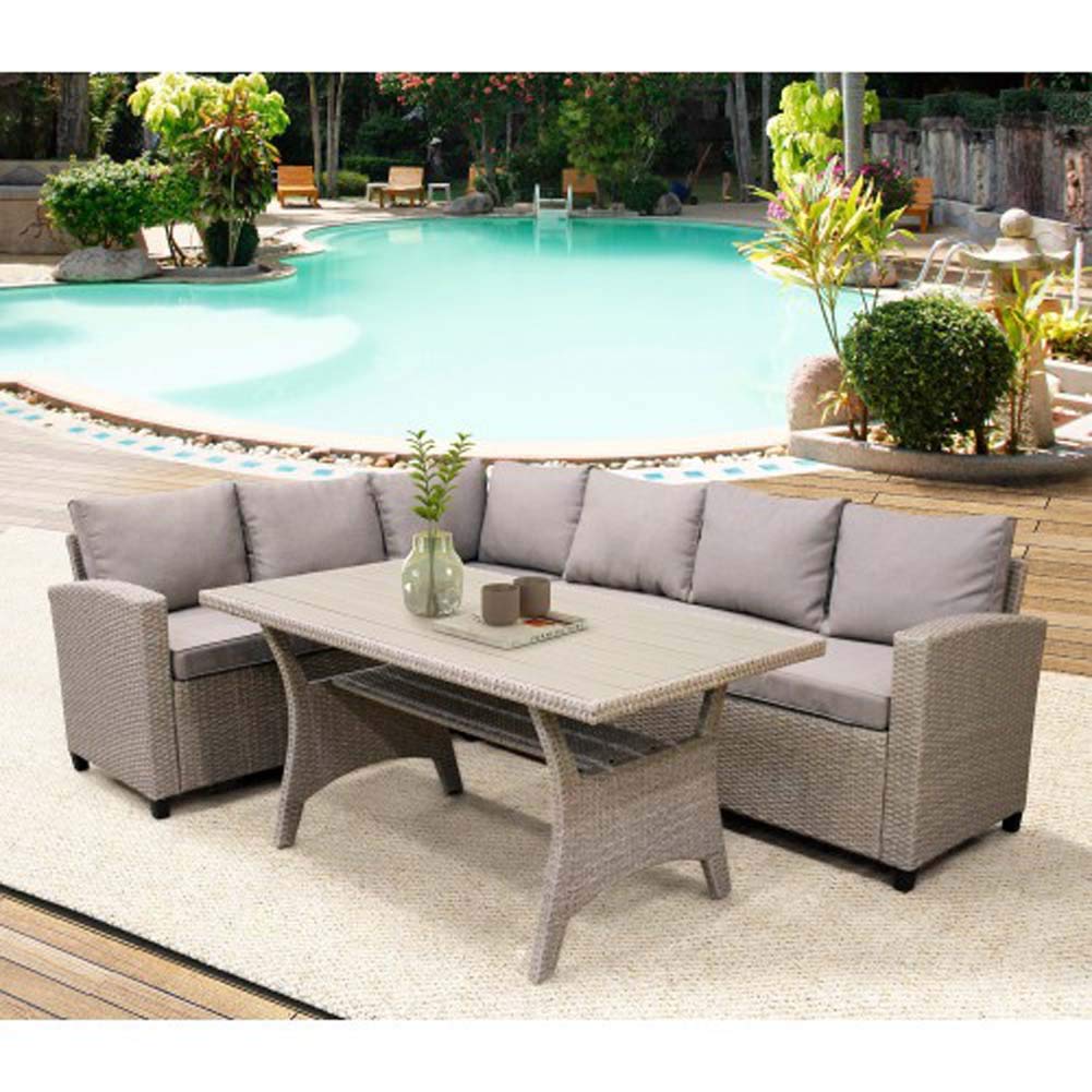 Outdoor Patio Dining Table Set - All-Weather PE Rattan Wicker Conversation Sofa Set with Coffee Table & Soft Cushions (Brown) - Perfect for Backyard, Garden, Poolside & Terrace Relaxation