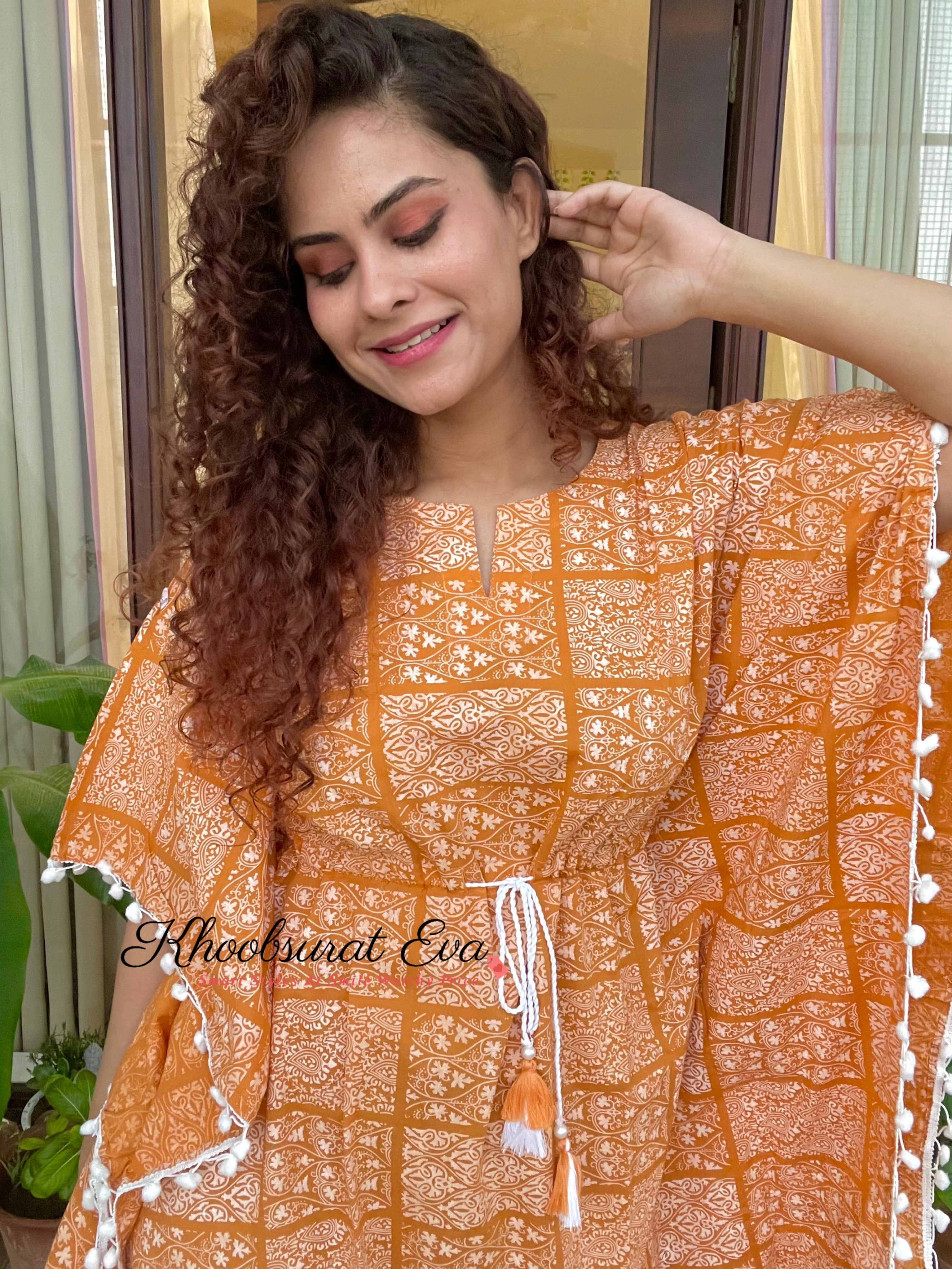 Yellow and White Tassel Printed Cotton Kaftan Dress - Boho Chic Beach Cover Up for Women, Perfect for Vacation, Poolside, and Summer Outings