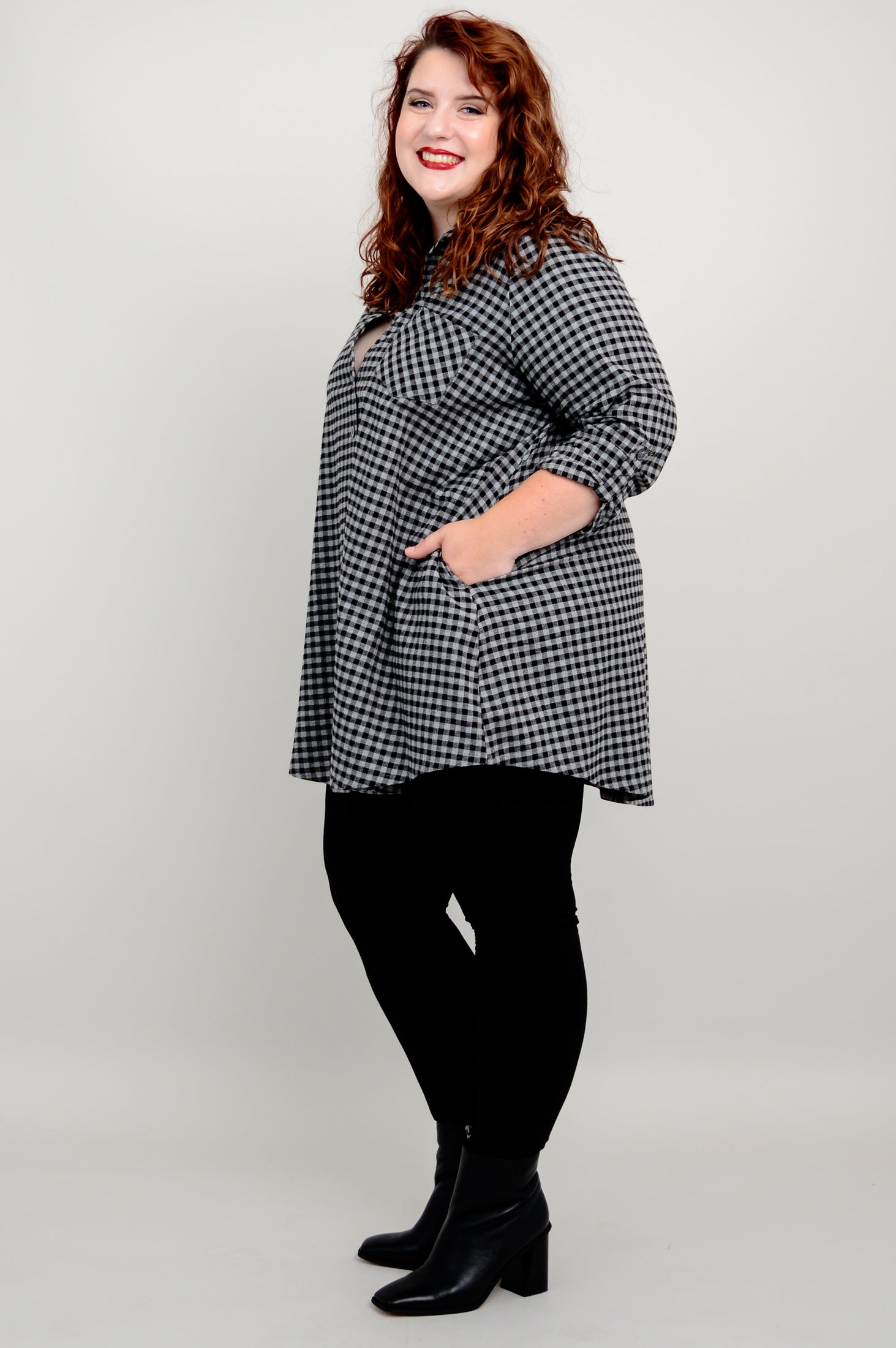 Celine Tunic Top - Charcoal Gingham Cotton Flannel Shirt for Women | Casual Wear, Office Outfit & Fall Layering Essential