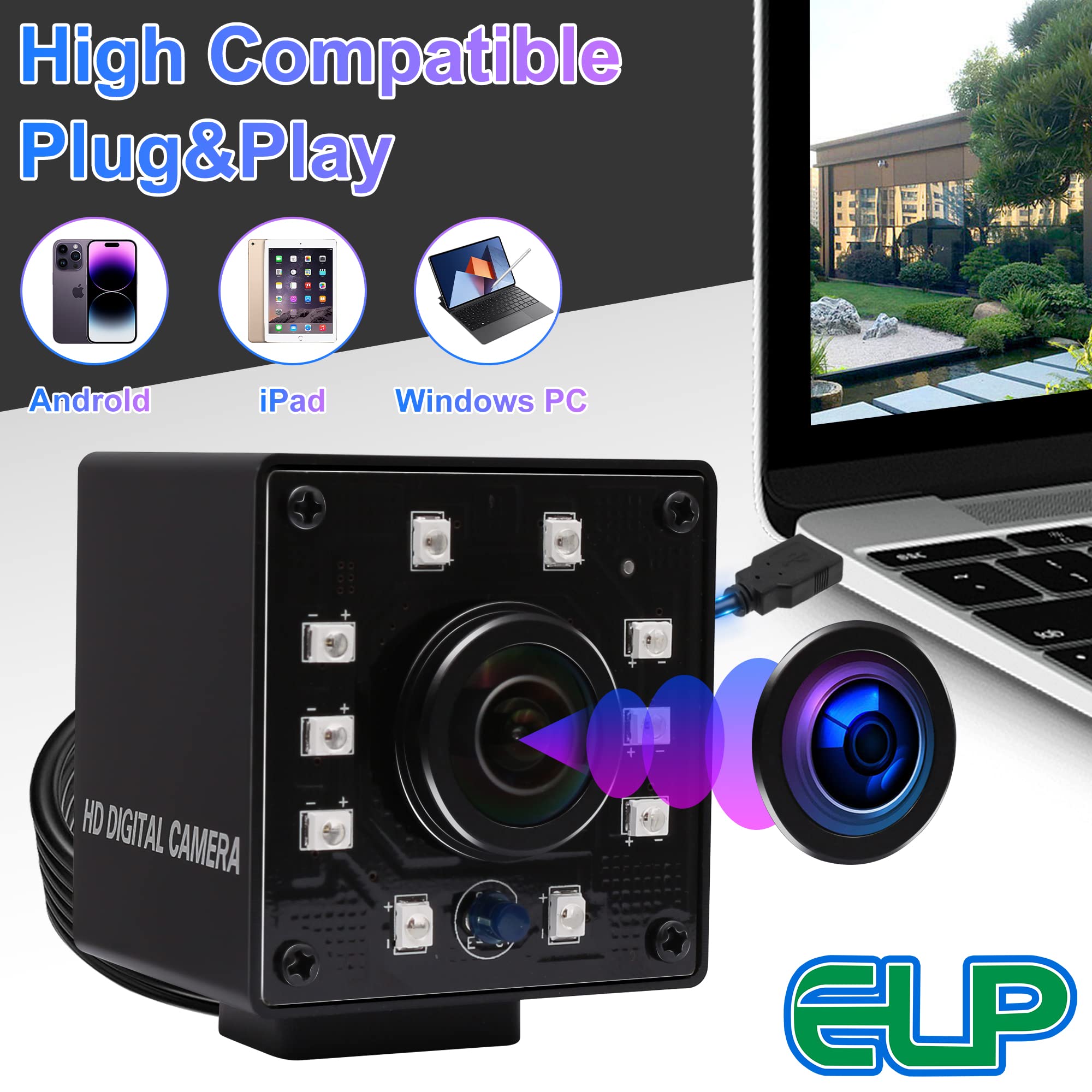 ELP 1080P Night Vision USB Webcam with Wide Angle Fisheye Lens - 2MP Mini IR Infrared Camera for Computer, UVC USB2.0 High Speed 100fps - Perfect for Home Surveillance, CCTV, Video Calls & Industrial Monitoring