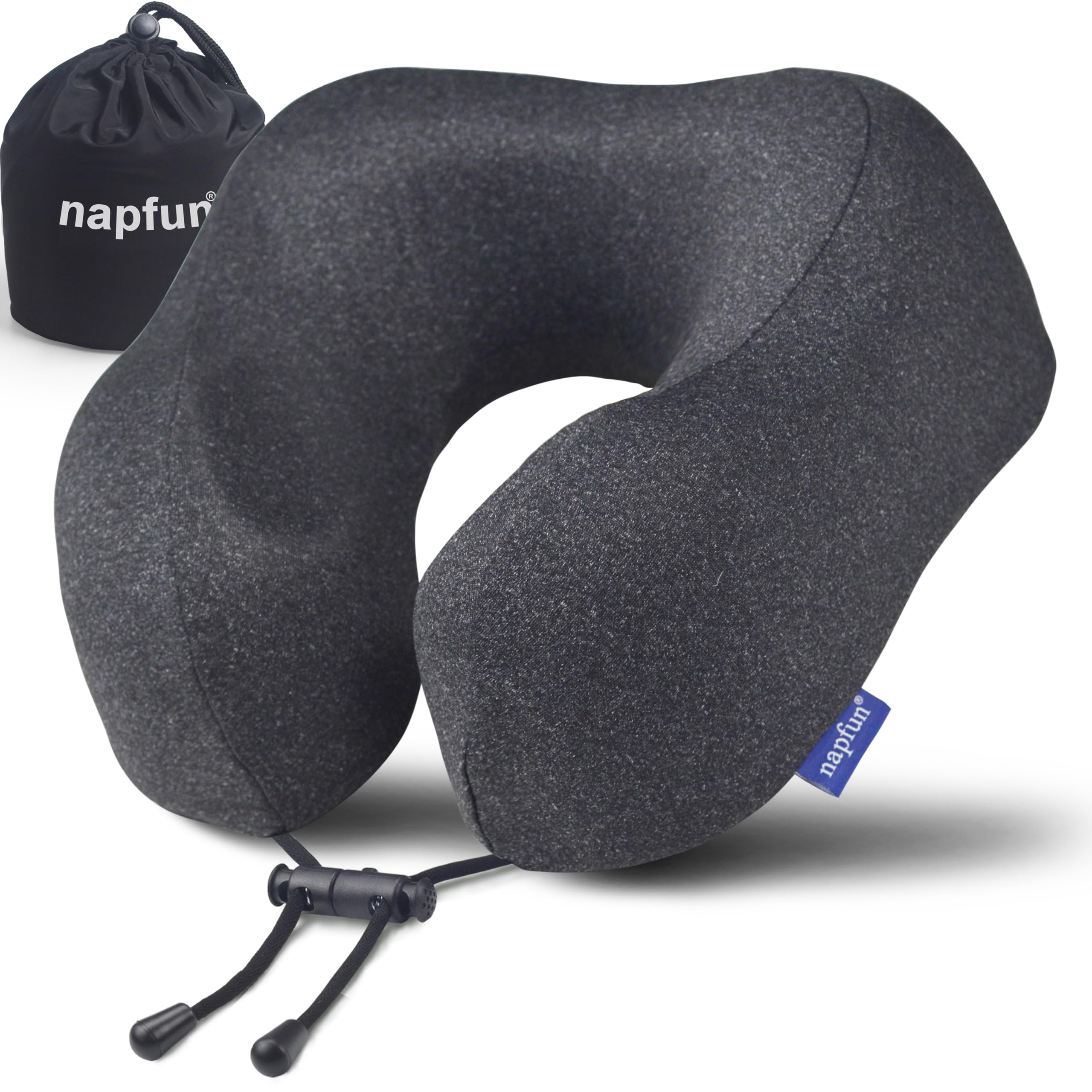 NapFun Upgraded 100% Pure Memory Foam Travel Neck Pillow for Airplane Sleeping - Ergonomic Headrest Support for Long Flights, Portable Travel Accessory (Full Black) - Perfect for Business Trips, Road Trips & Camping