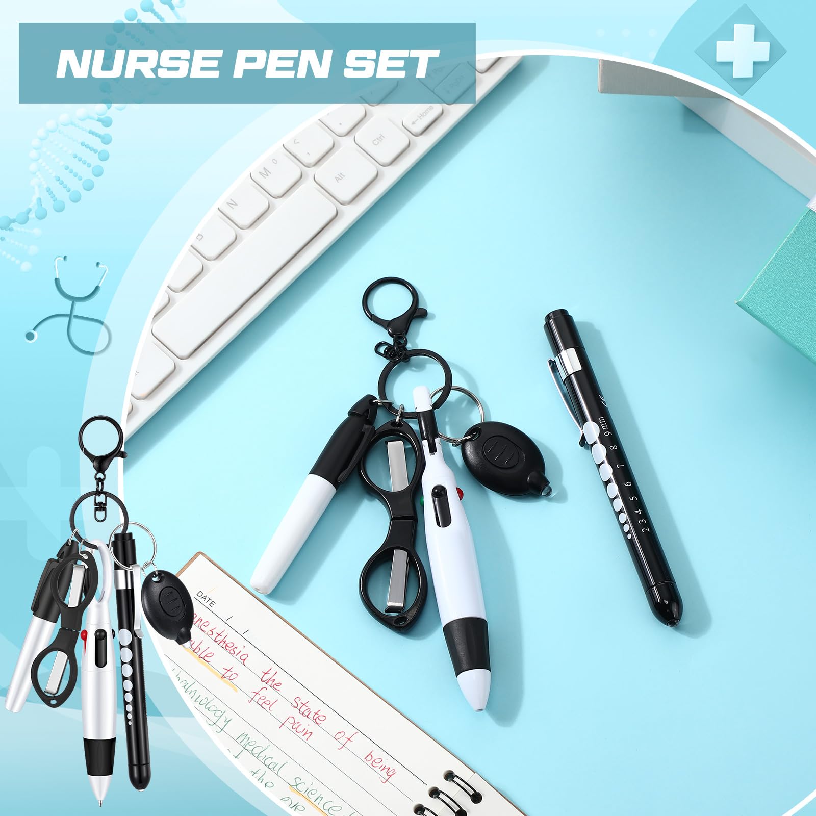6-Piece Nurse Pen Set with Permanent Marker, Retractable Ballpoint Pen, Keychain Clip, Foldable Scissors & LED Flashlight - Essential Nursing Accessories for Medical Professionals (Black) - Perfect for Hospital Shifts, Clinical Work & Nursing School Supplies