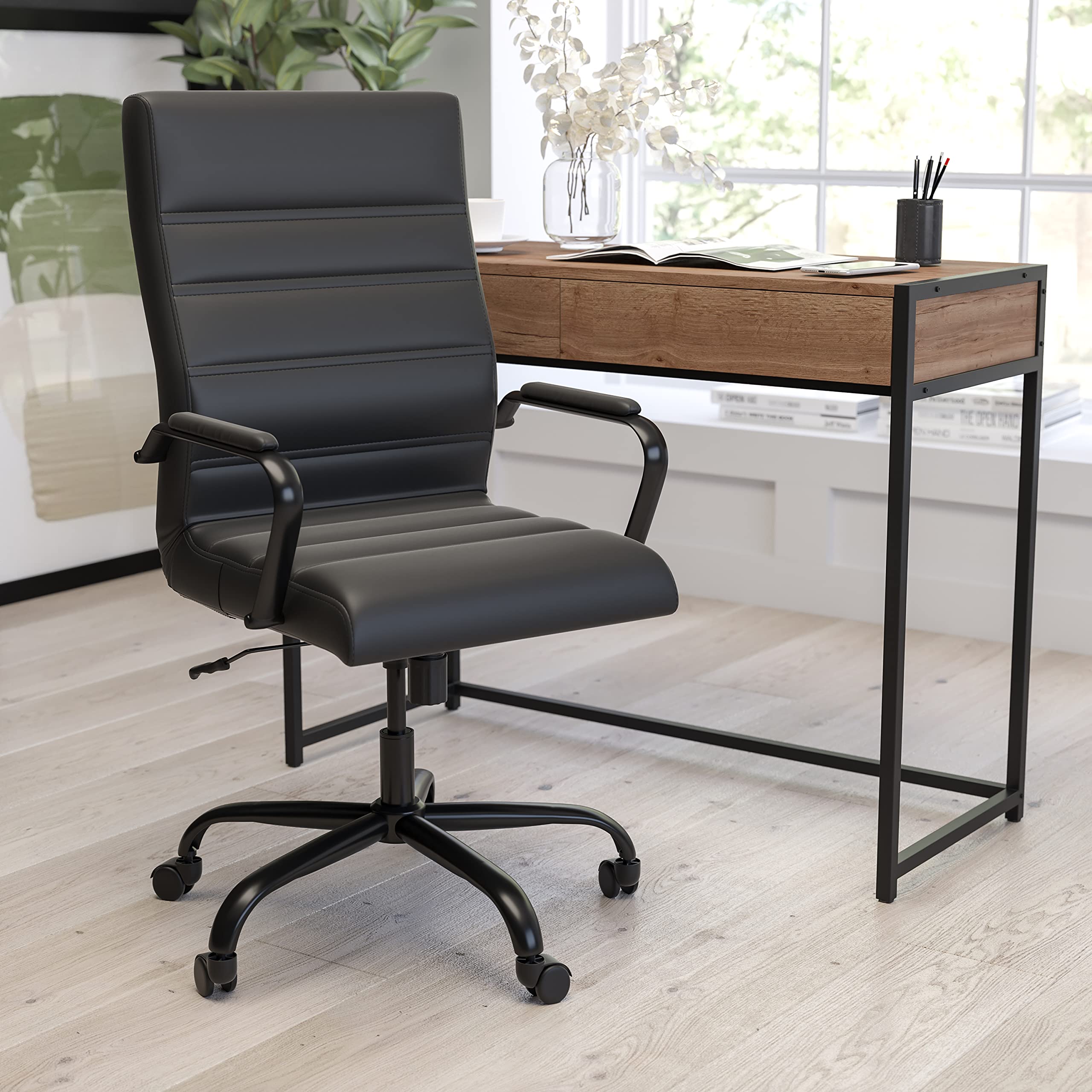 Merrick Lane Milano Contemporary High-Back Black Faux Leather Office Chair with Padded Arms - Ergonomic Desk Chair for Home Office, Gaming & Workspace Comfort