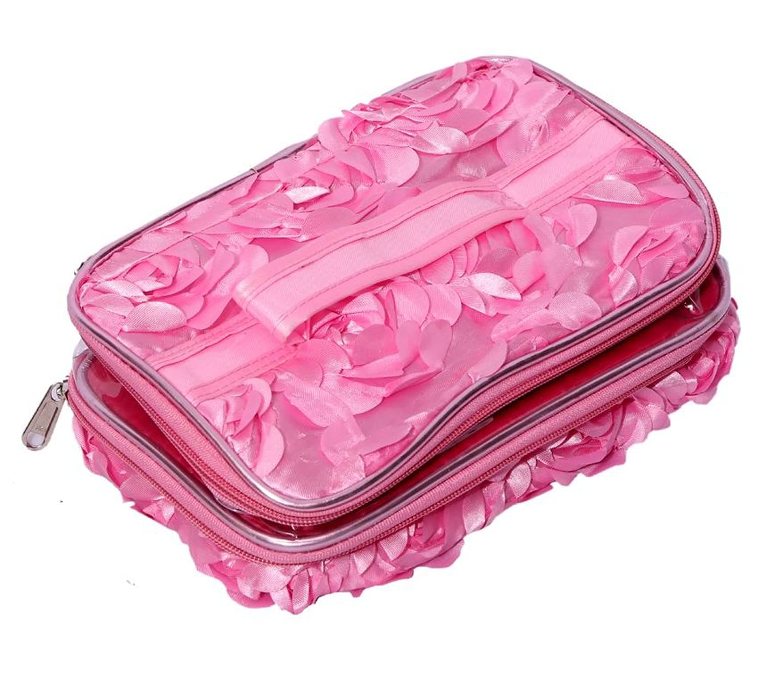 Kuber Industries Double Layer Clear Makeup Bag with Flower Design - Large Cosmetic Organizer & Travel Toiletry Bag for Women & Girls (Pink) - Perfect for Travel, Gym, and Daily Beauty Storage