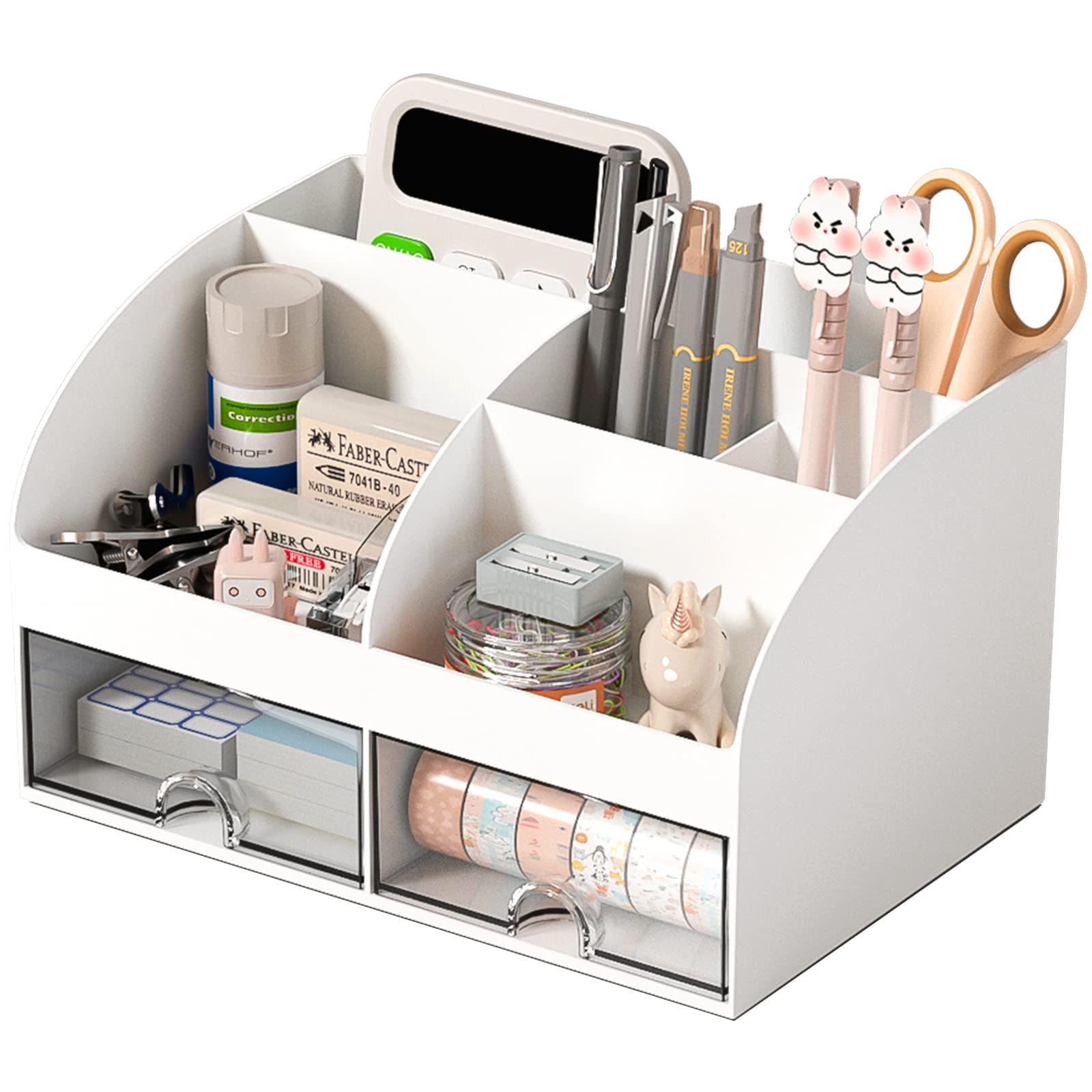 6 Compartment Plastic Desk Organizer with 2 Drawers - Makeup & Stationery Storage for Home, Office & School - White Desktop Organizer for Pens, Pencils, Office Supplies & Beauty Products