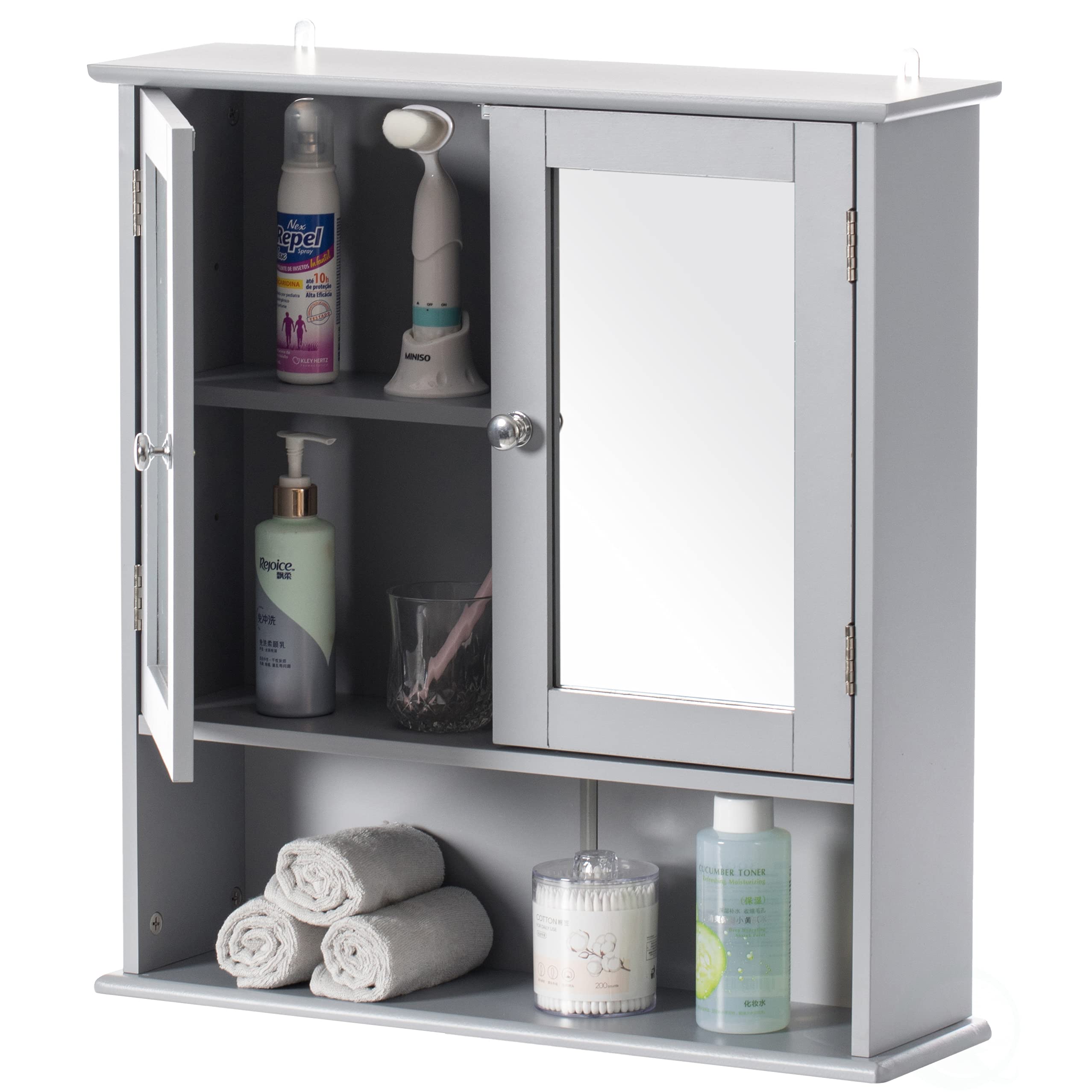 Basicwise Gray Mirror Wall Mounted Bathroom Vanity with Adjustable Shelves - Modern Bathroom Storage Cabinet for Makeup & Toiletries Organization - Perfect for Small Bathrooms, Powder Rooms & Master Bath Suites
