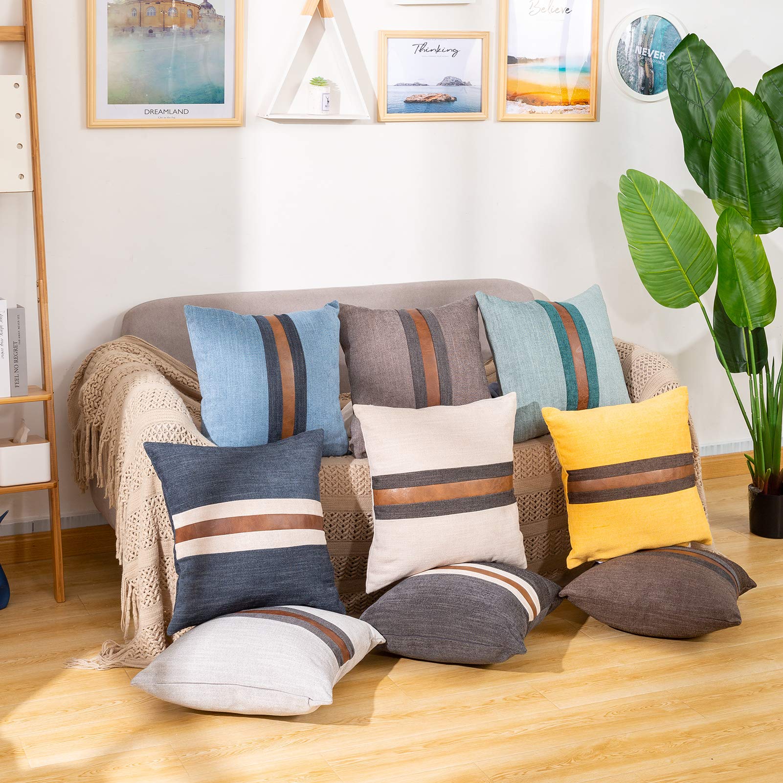 BOYSUM 18x18 Inch Faux Leather Throw Pillow Covers - Farmhouse Decorative Accent Pillows for Couch, Sofa & Bed - Coffee Brown Modern Home Decor - Perfect for Living Room, Porch & Outdoor Furniture