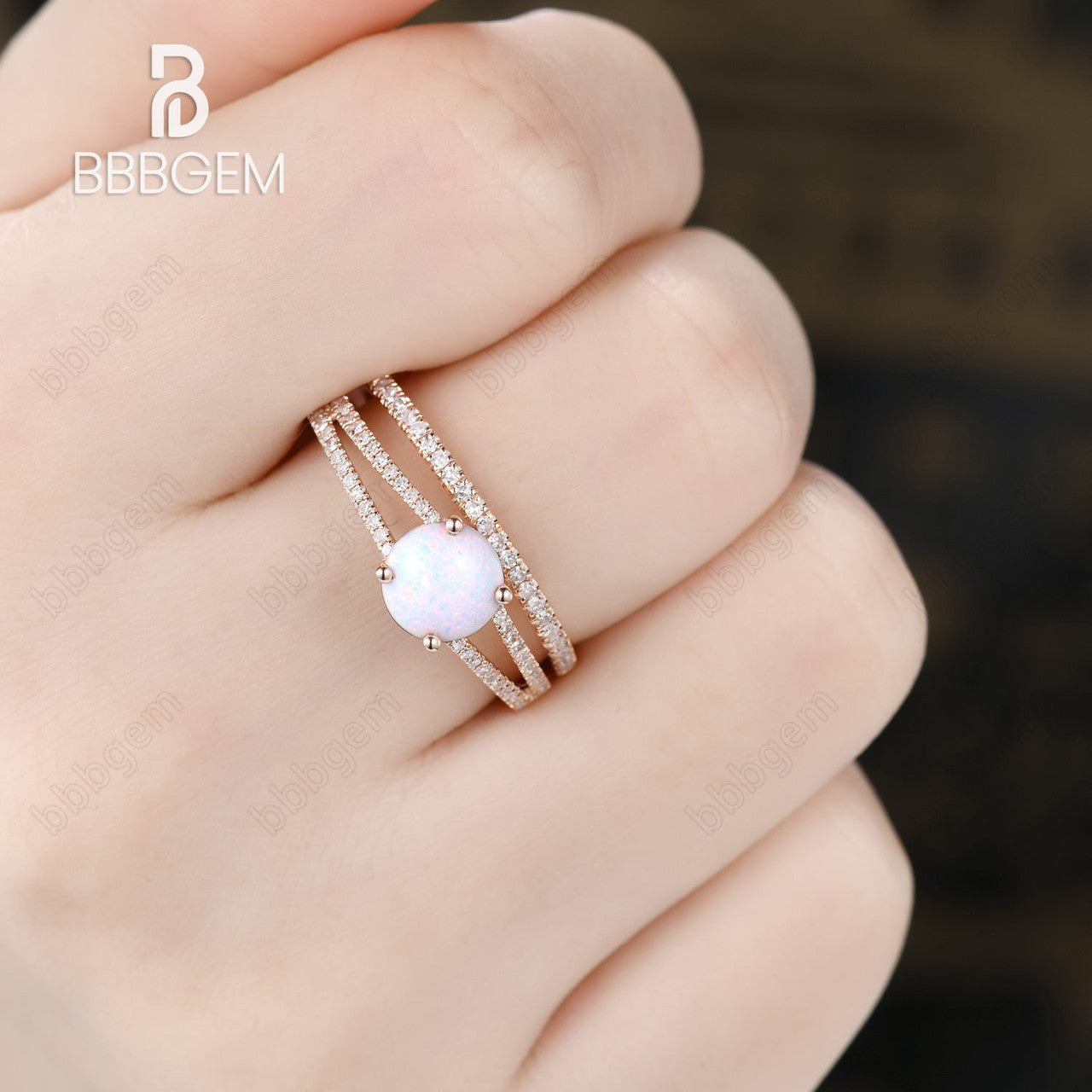 Vintage Opal Engagement Ring Split Shank Set with Pave Diamond Band - Elegant Wedding Jewelry for Brides, Anniversary Gifts & Special Occasions