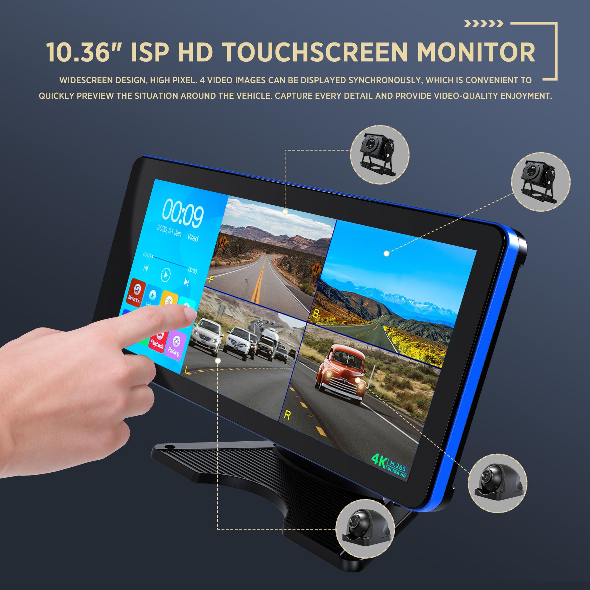 ASLONG 4K 4-Channel Dash Cam with 10.36