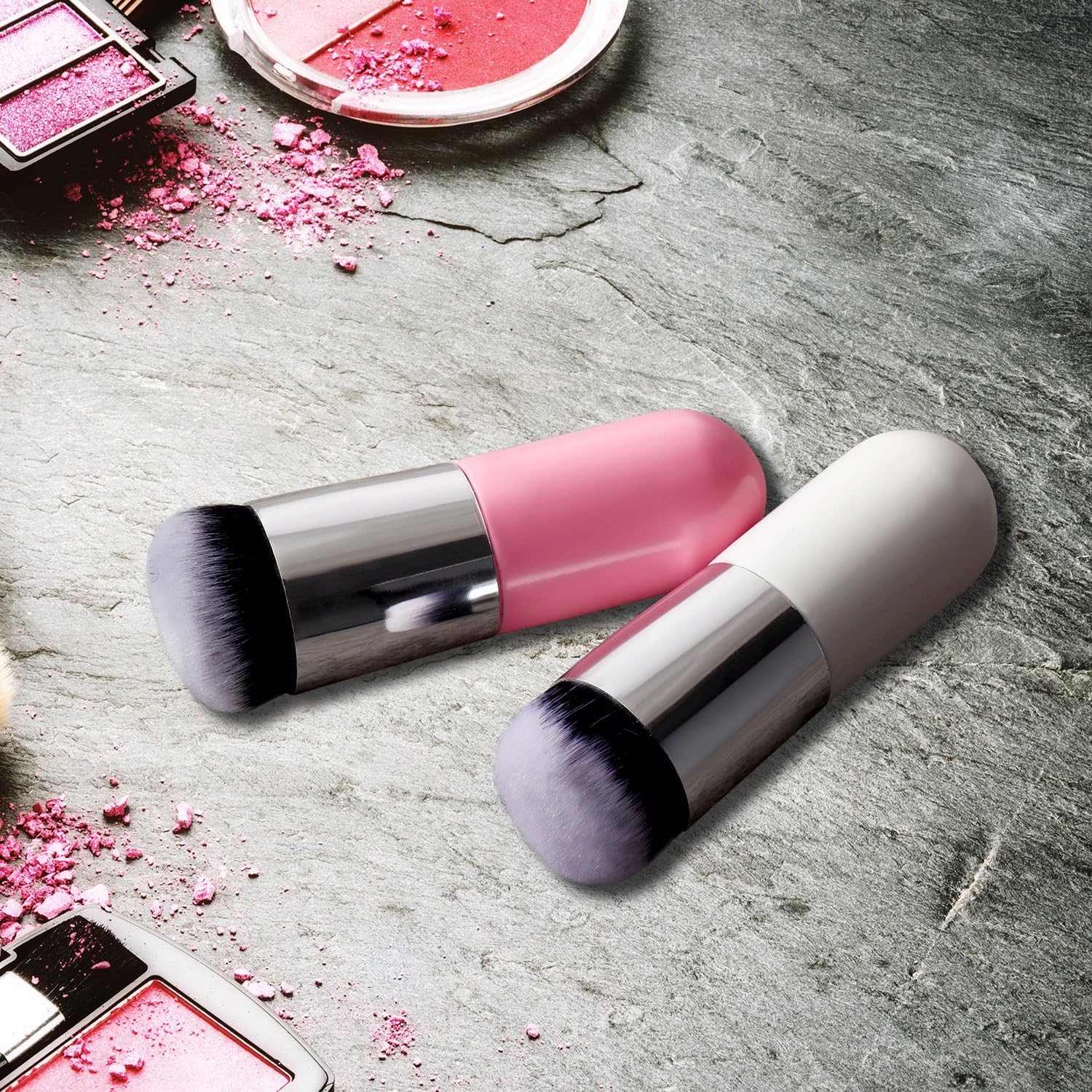 Rishvi 2-Piece Kabuki Makeup Brush Set - Soft Chubby Foundation Brush & Travel Powder Brush for Liquid, Cream & Powder Cosmetics | Blending & Flawless Finish | White & Multicolor (High Quality) | Perfect for Everyday Makeup & Travel Touch-Ups