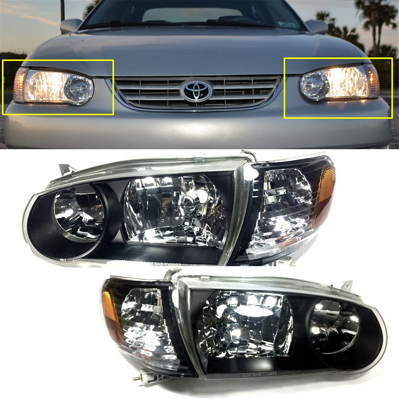 AutoJoy Club Headlight Assembly Compatible with 2001-2002 Toyota Corolla - Black JDM Replacement Headlights with Corner Signal Lamps - Upgrade for Night Driving & Enhanced Visibility