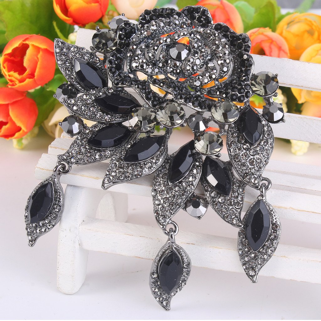 EVER FAITH Rose Flower Leaf Brooch Pendant - Austrian Crystal Jewelry for Women, Elegant Pin for Blouse, Scarf, Jacket, Wedding, Prom & Special Occasions