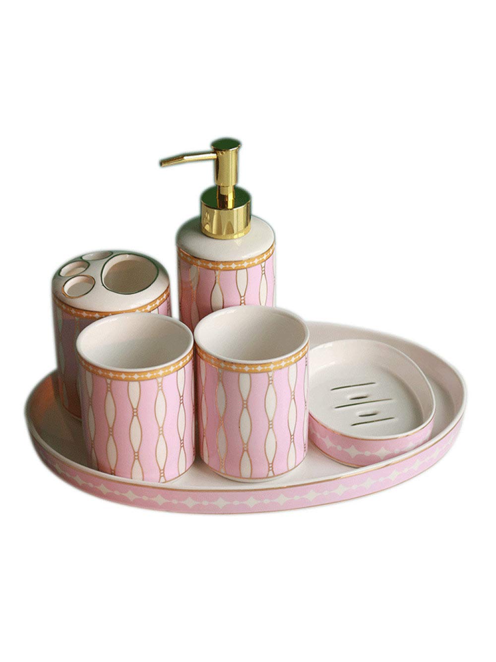 Vintage Ceramic Bathroom Accessories Set - 6 Piece Pink Soap Dispenser, Vanity Tray, Toothbrush Holder, Soap Dish & 2 Tumblers for Home, Hotel Decor | Elegant Bathroom Organization & Spa-Style Vanity Display