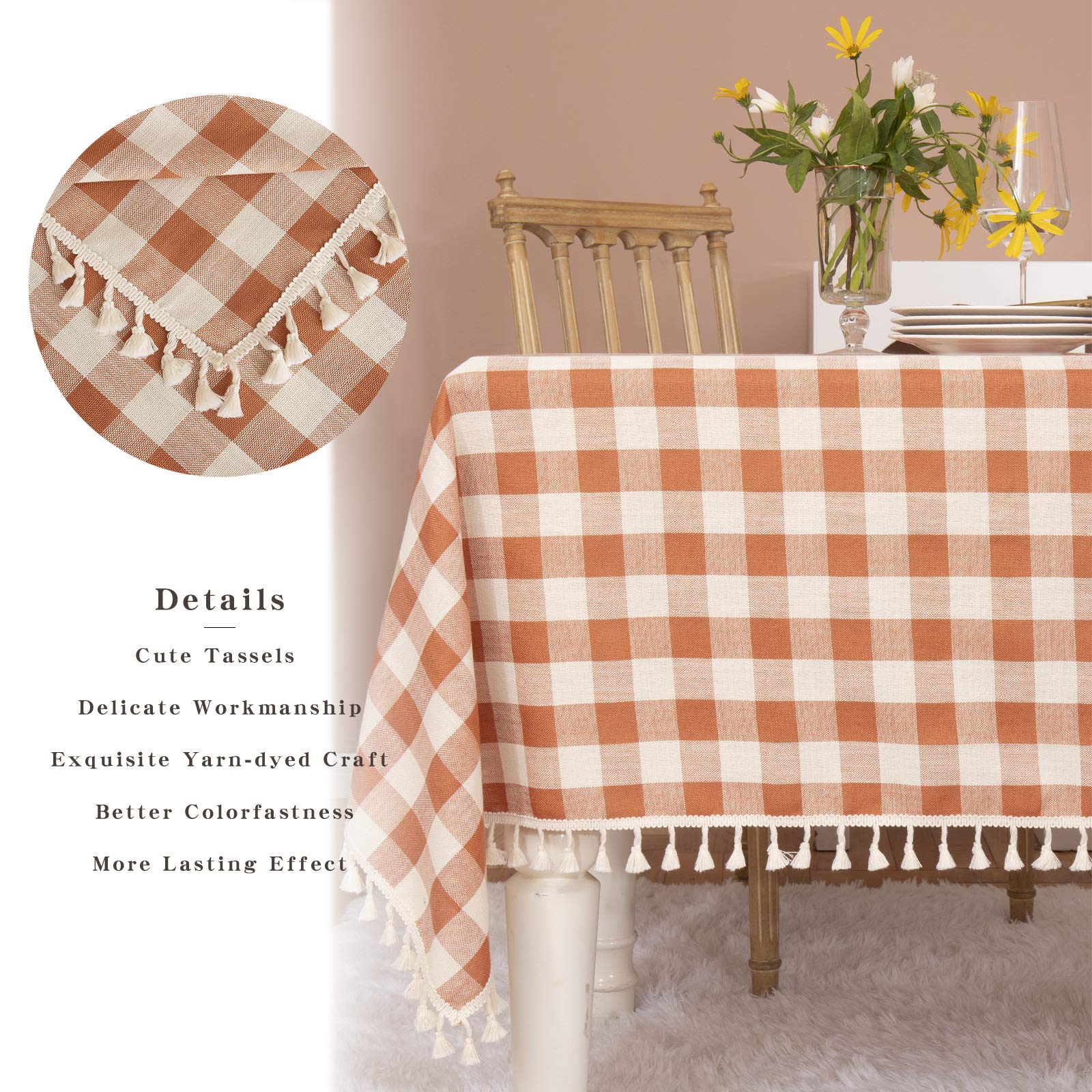 Rustic Gingham Cotton Tablecloth - Buffalo Plaid Kitchen Table Cover for Fall, Thanksgiving & Christmas Decor - 55x102 Inch Rectangle Orange Table Cloth - Perfect for Holiday Dining, Restaurant Decor & Outdoor Picnic Parties