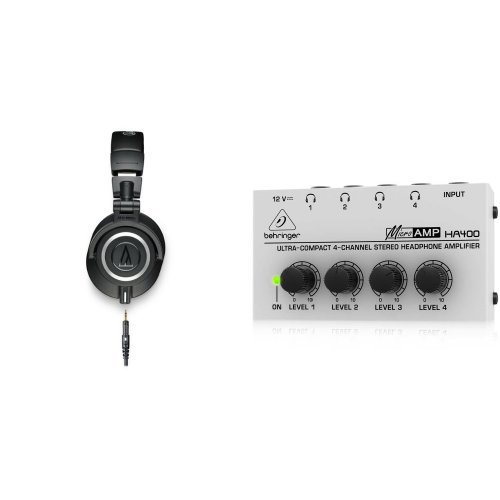Audio-Technica ATH-M50x Professional Studio Monitor Headphones with Behringer HA400 4-Channel Headphone Amplifier - Perfect for Music Production, Podcasting & Home Recording Studios