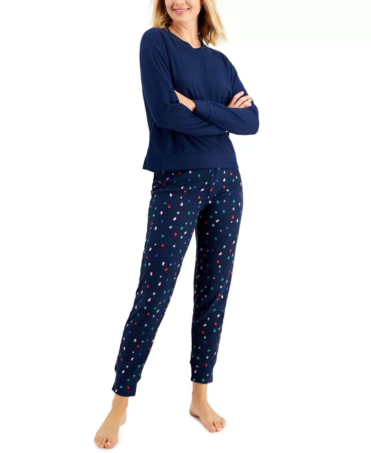 Jenni Long Sleeve Waffle Pajama Set - Women's Cozy Thermal Loungewear Top & Jogger Pants for Sleep, Winter Nights & Relaxing at Home