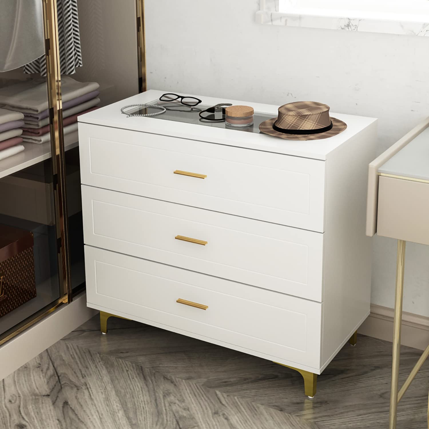Hitow 3-Drawer Dresser with Tempered Glass Top & Jewelry Organizer Trays, Modern Chest Dresser with Drawer Dividers for Bedroom, Living Room, Closet (31.5