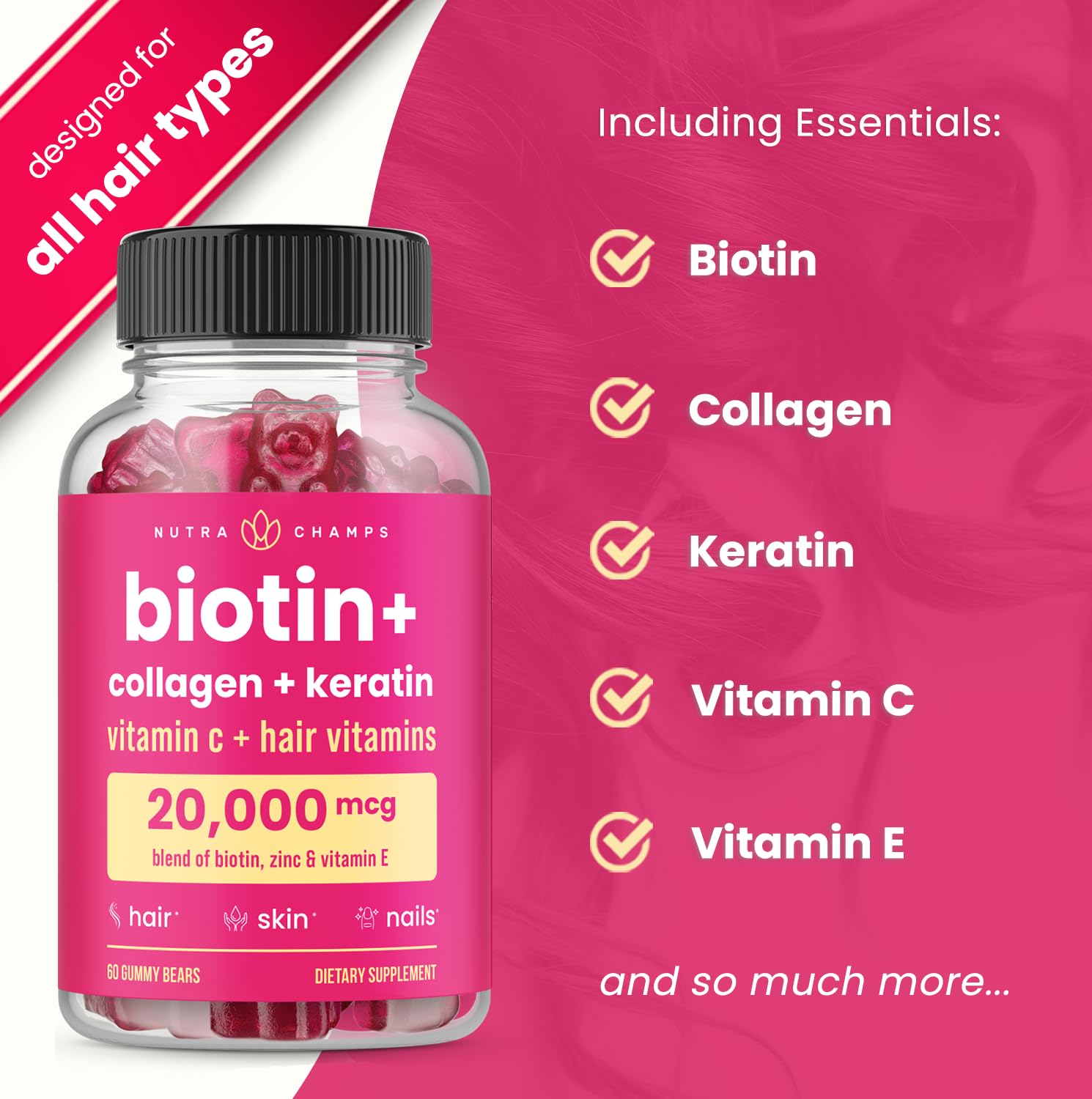 NutraChamps Biotin 5000mcg Gummies for Hair Growth, Skin & Nails - Collagen & Keratin Supplement with Vitamins, Berry Flavor, 120 Count (Pack of 2) - Supports Healthy Hair, Glowing Skin & Strong Nails - Perfect for Daily Beauty Routine & Wellness Support