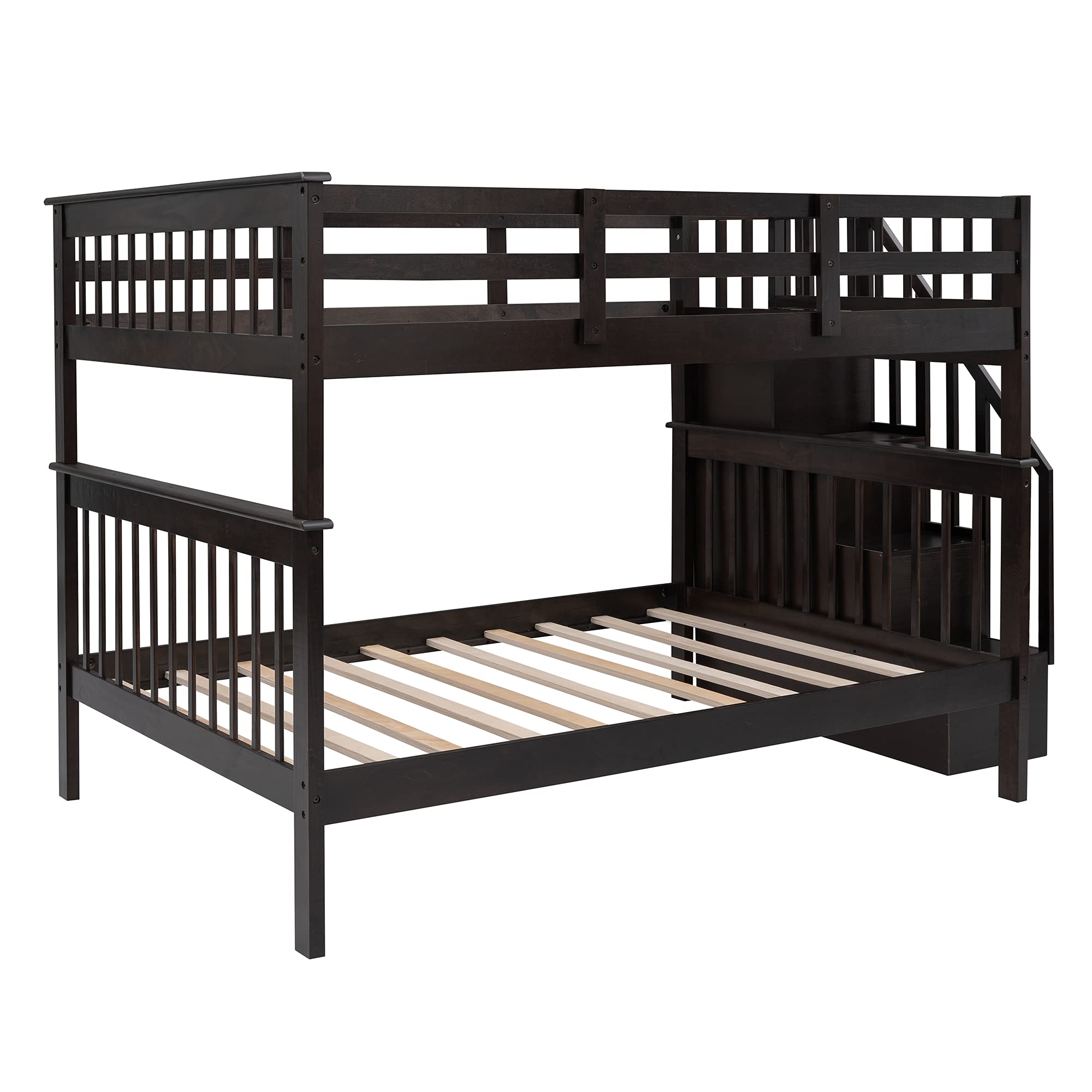 Full Over Full Bunk Bed with Storage & Guard Rail - Solid Wood Twin Bunk Bed for Kids, Teens, Dorm Rooms & Small Spaces - Space-Saving Bedroom Furniture with Built-in Storage (Espresso Finish) - Perfect for Shared Kids' Rooms, College Dorms & Guest Bedrooms