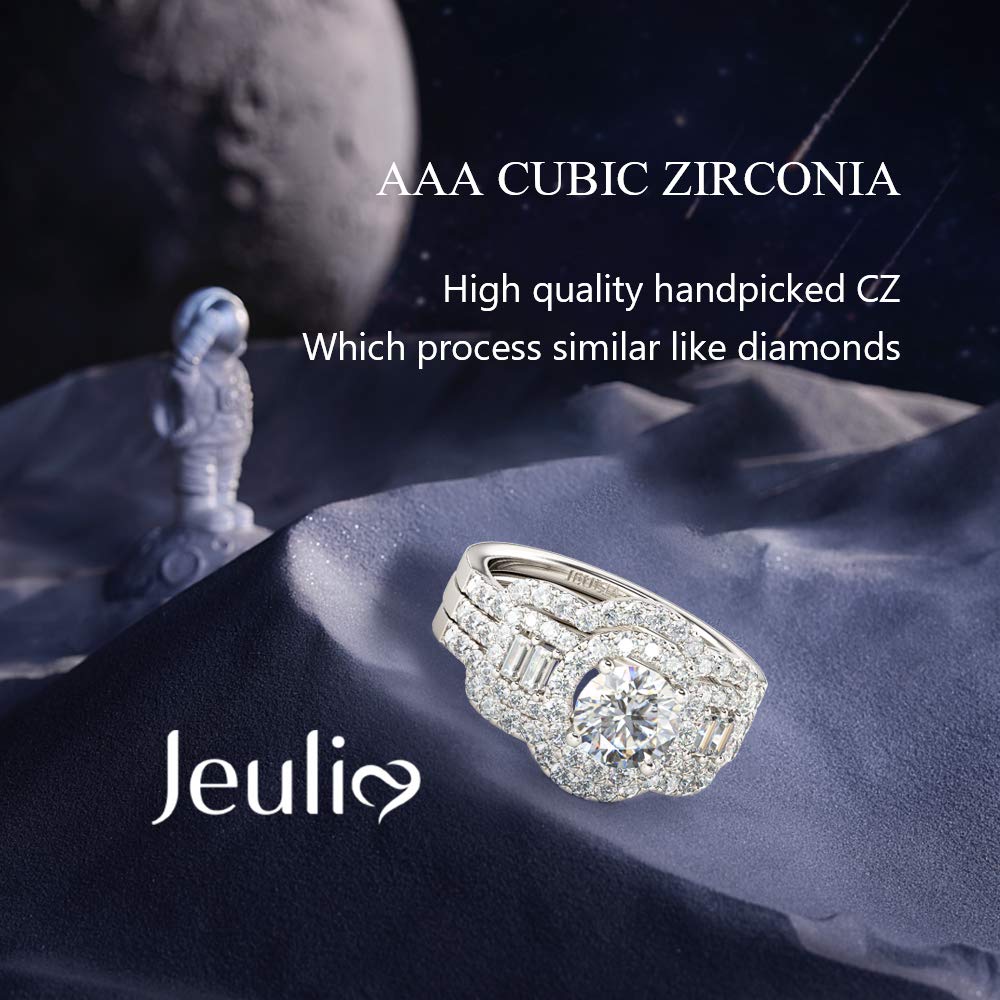 Jeulia 2 Carat Cubic Zirconia Halo Engagement Ring Set for Women - Sterling Silver Round Cut Bridal Wedding Band, Promise & Anniversary Jewelry Gift for Her - Perfect for Proposals, Weddings & Special Occasions