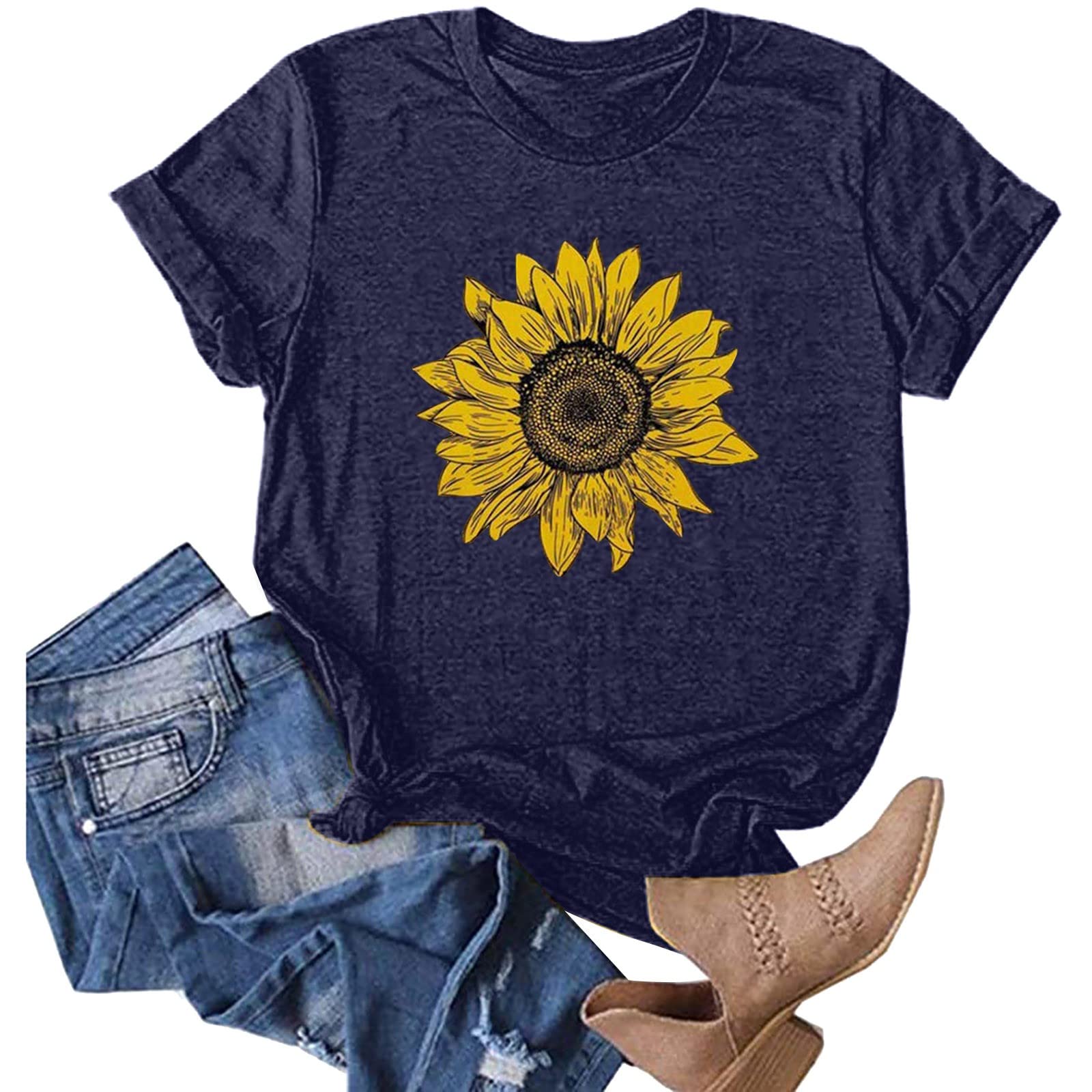 Women's Summer Shirts - Cute Sunflower Print Tops & Blouses, Short Sleeve Tunic Tees with Crew Neck | Perfect for Casual Outings, Beach Vacations & Summer Parties