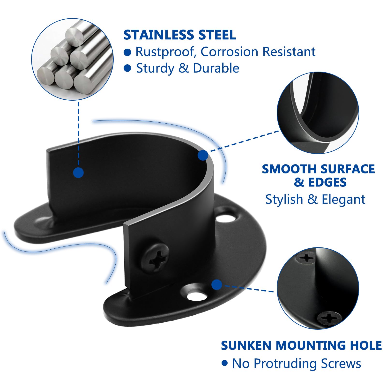 Heavy Duty Stainless Steel Closet Rod Bracket - 1 1/4 Inch U-Shaped Wardrobe Support with Flange End Caps (4 Pack, Black) - Perfect for Closet Organization, Garment Racks & DIY Wardrobe Systems