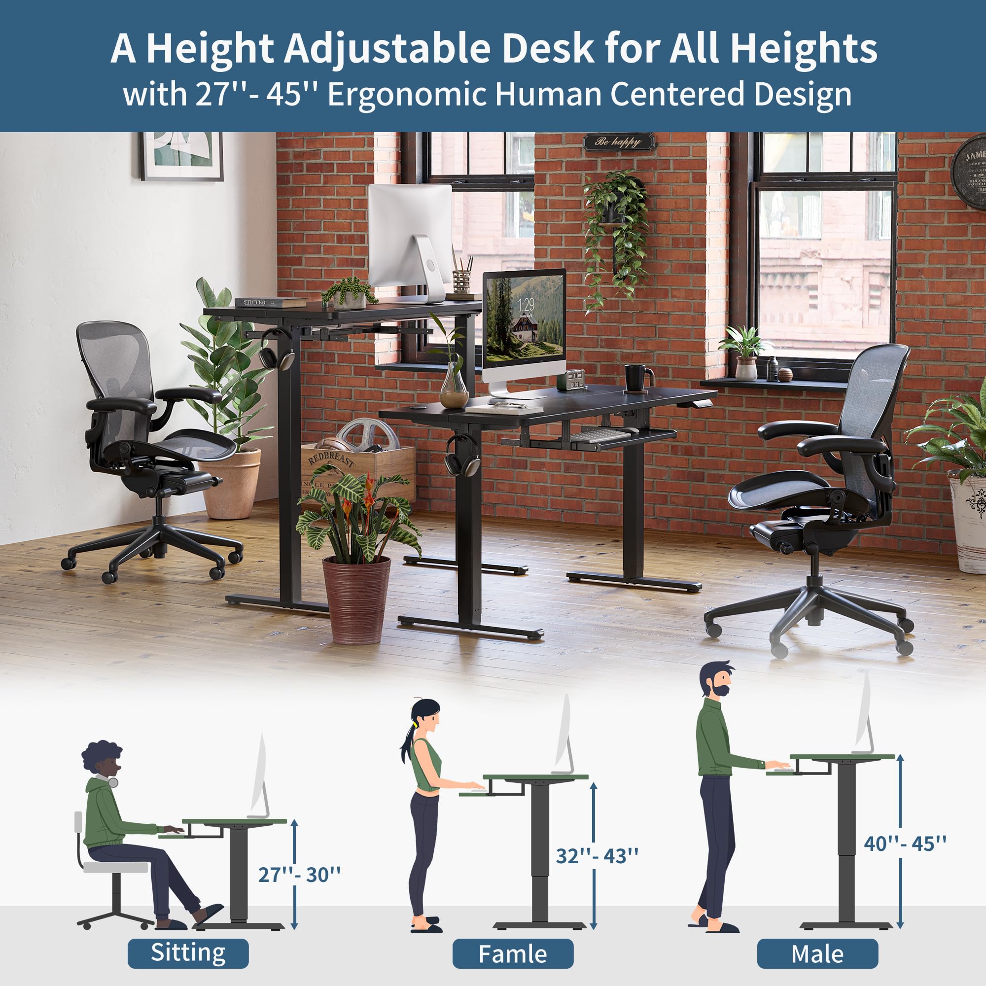 BANTI 55 x 24 Inch Electric Height Adjustable Standing Desk with Keyboard Tray | Sit Stand Workstation with Splice Board | Black Frame & Black Top | Perfect for Home Office & Gaming Setup