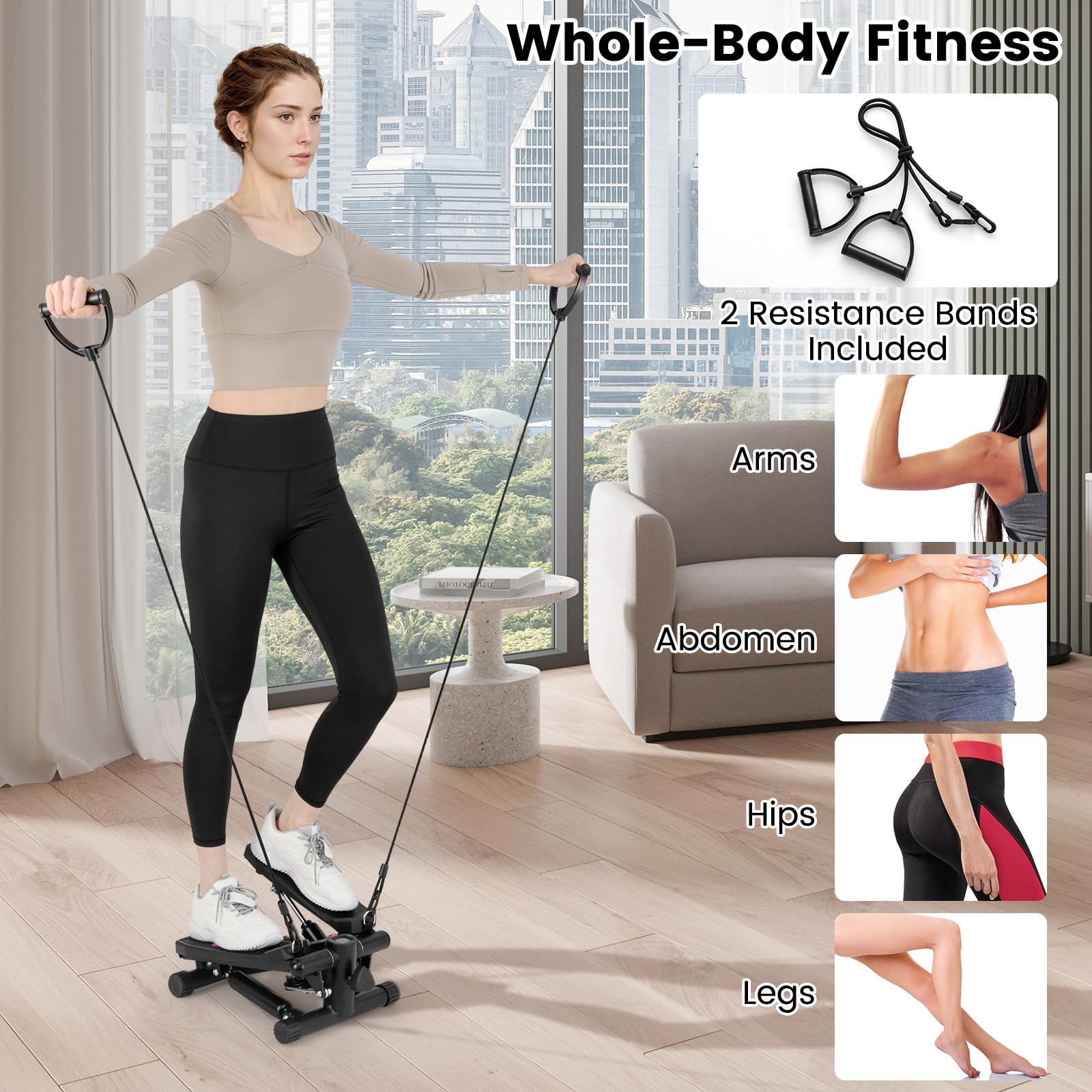 GYMAX Hydraulic Mini Stair Stepper with Resistance Bands & LCD Monitor - Portable Under Desk Cardio Equipment for Home Gym, Indoor Workout & Office Exercise - Compact Stepping Machine for Weight Loss & Fitness Training