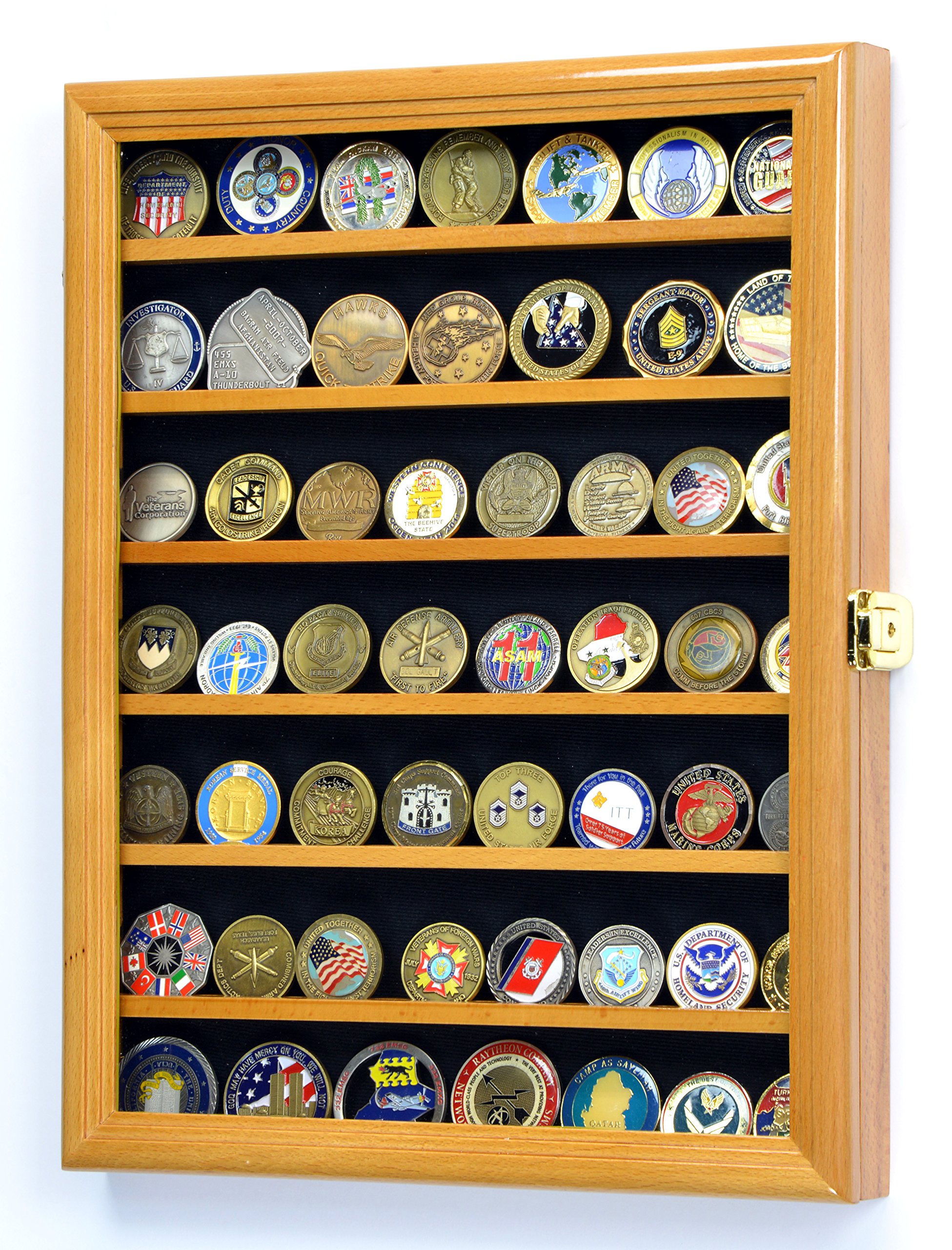 Military Challenge Coin Display Case - UV Protected Lockable Wall Cabinet in Oak Wood - Perfect for Collectors, Veterans, and Home Office Decor