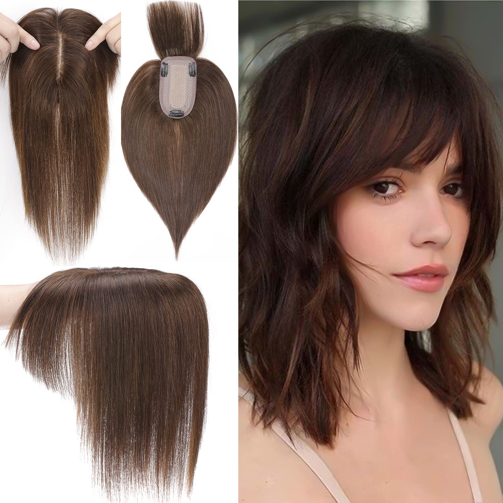 MY-LADY 150% Density Human Hair Toppers With Bangs - 18 Inch Medium Brown Silk Base Clip-in Hairpiece for Women with Thinning Hair & Hair Loss - Perfect for Daily Wear, Special Occasions & Styling