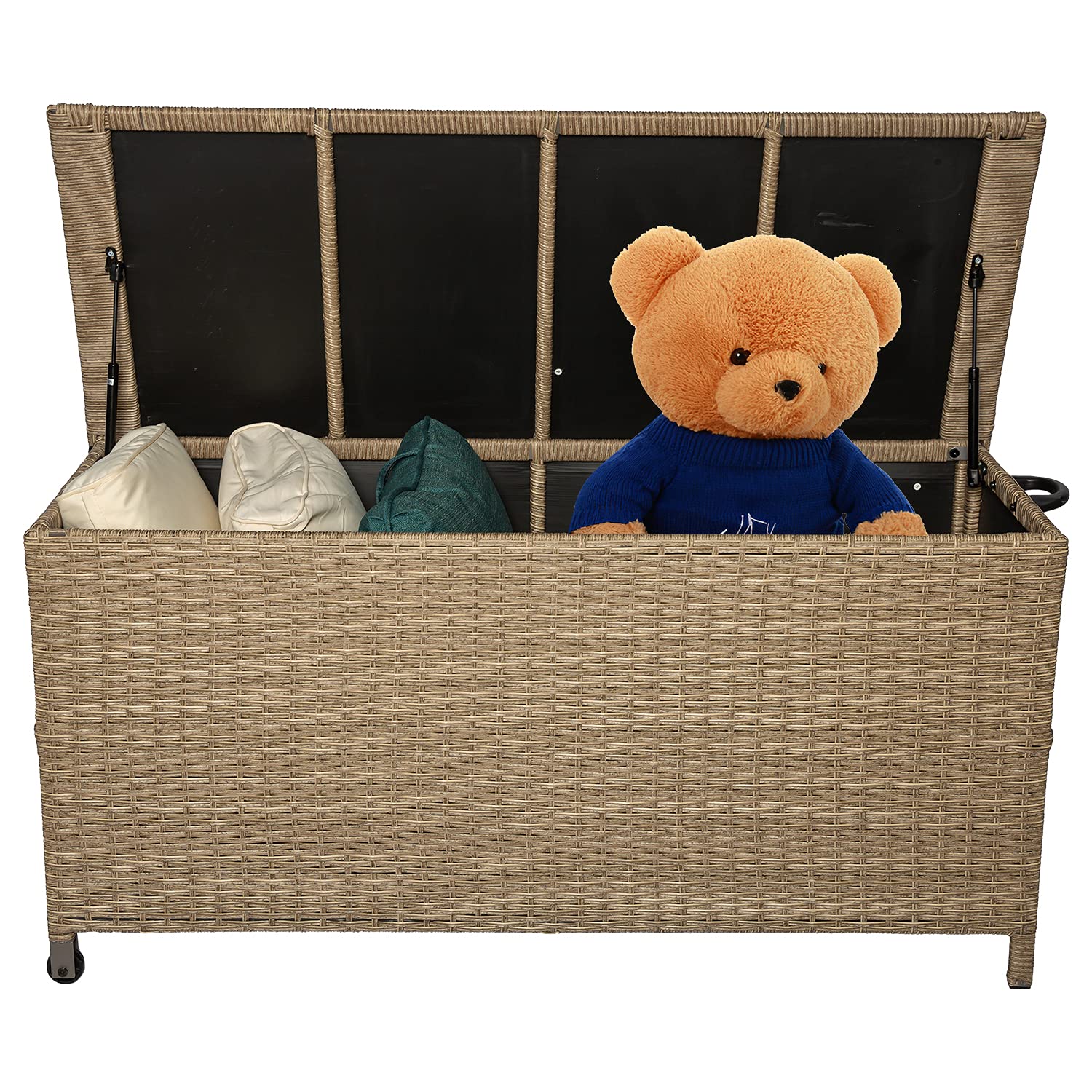 Large Capacity Outdoor Deck Storage Box - Rattan Wicker Woven Patio Furniture Organizer with Handles & Wheels | Perfect for Cushions, Pool Toys, Garden Tools (Khaki) | Ideal for Backyard, Poolside & Patio Organization