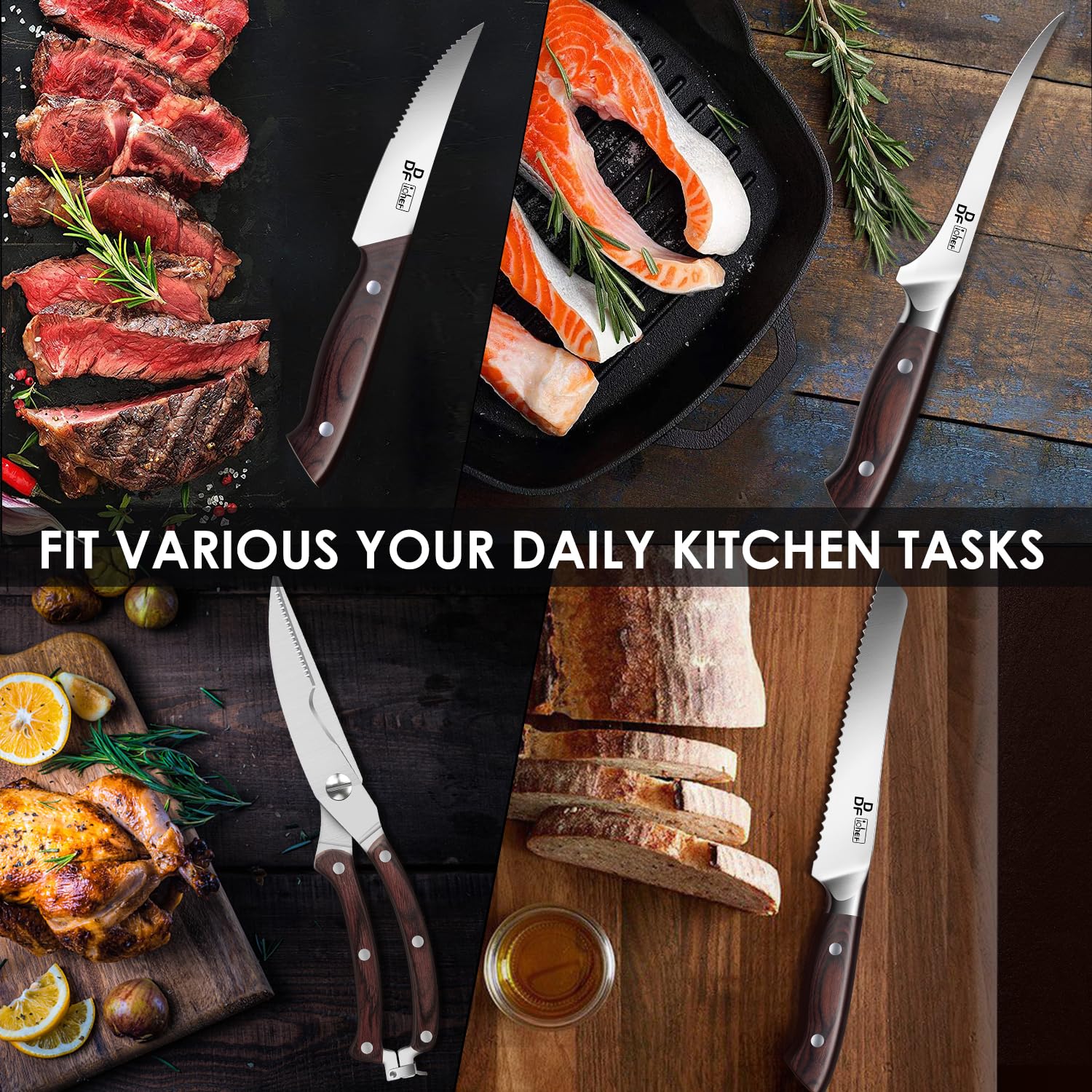 DDF iohEF 16-Piece Japanese Stainless Steel Kitchen Knife Set with Block & Sharpener - Ultra Sharp Professional Chef Knives with Ergonomic Handle for Meat, Vegetables & Fruits - Perfect for Home Cooking & Professional Kitchens