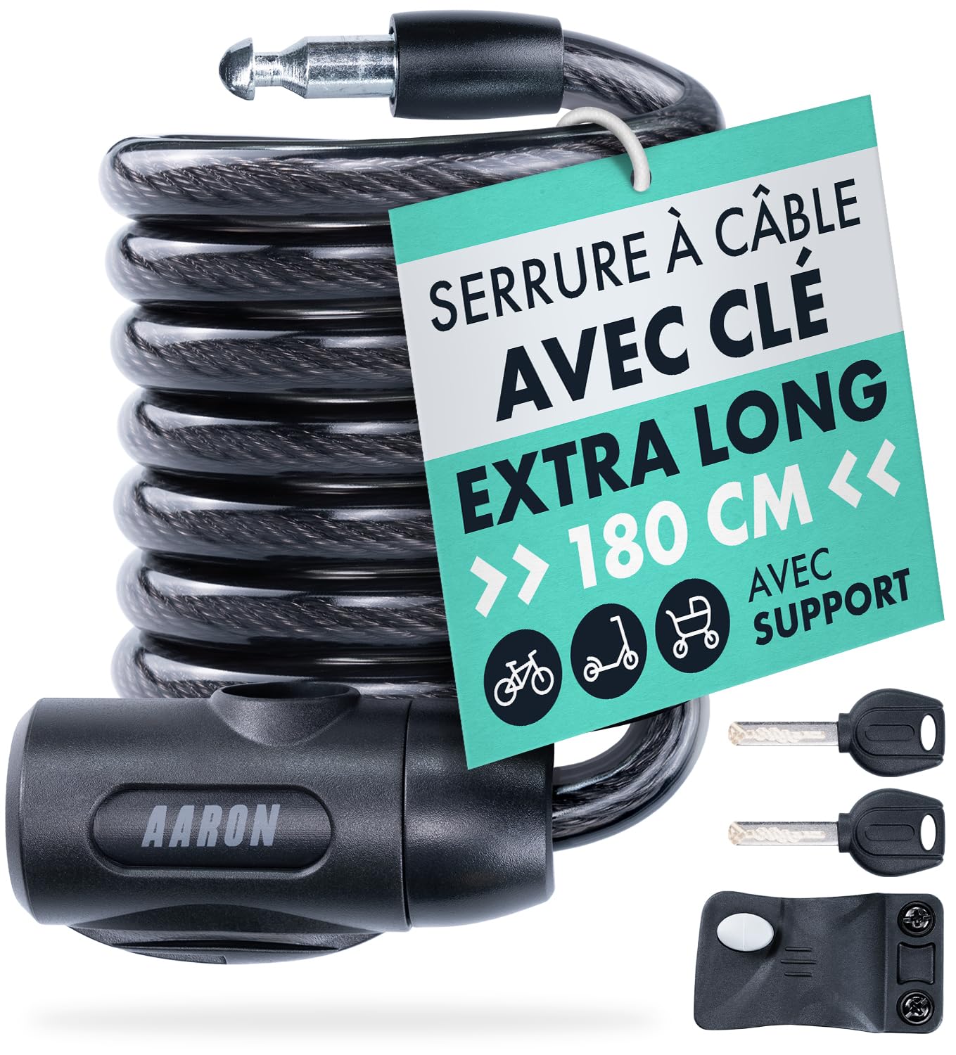 High Security 180cm/12mm Spiral Bike Lock with Key - Lightweight Anti-Theft Cable for E-Bike, Mountain Bike & Trekking - Black - Perfect for Urban Commuting & Outdoor Adventures