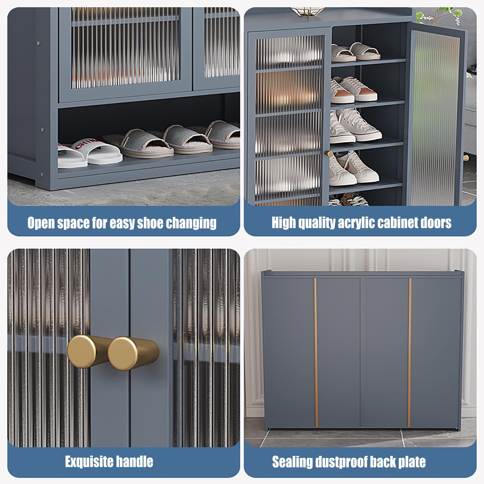 8-Tier Shoe Storage Cabinet with 3 Doors - Freestanding Shoe Rack Organizer for Entryway, Hallway, Closet & Bedroom - Multifunctional Haze Blue Shoe Shelf (35.8