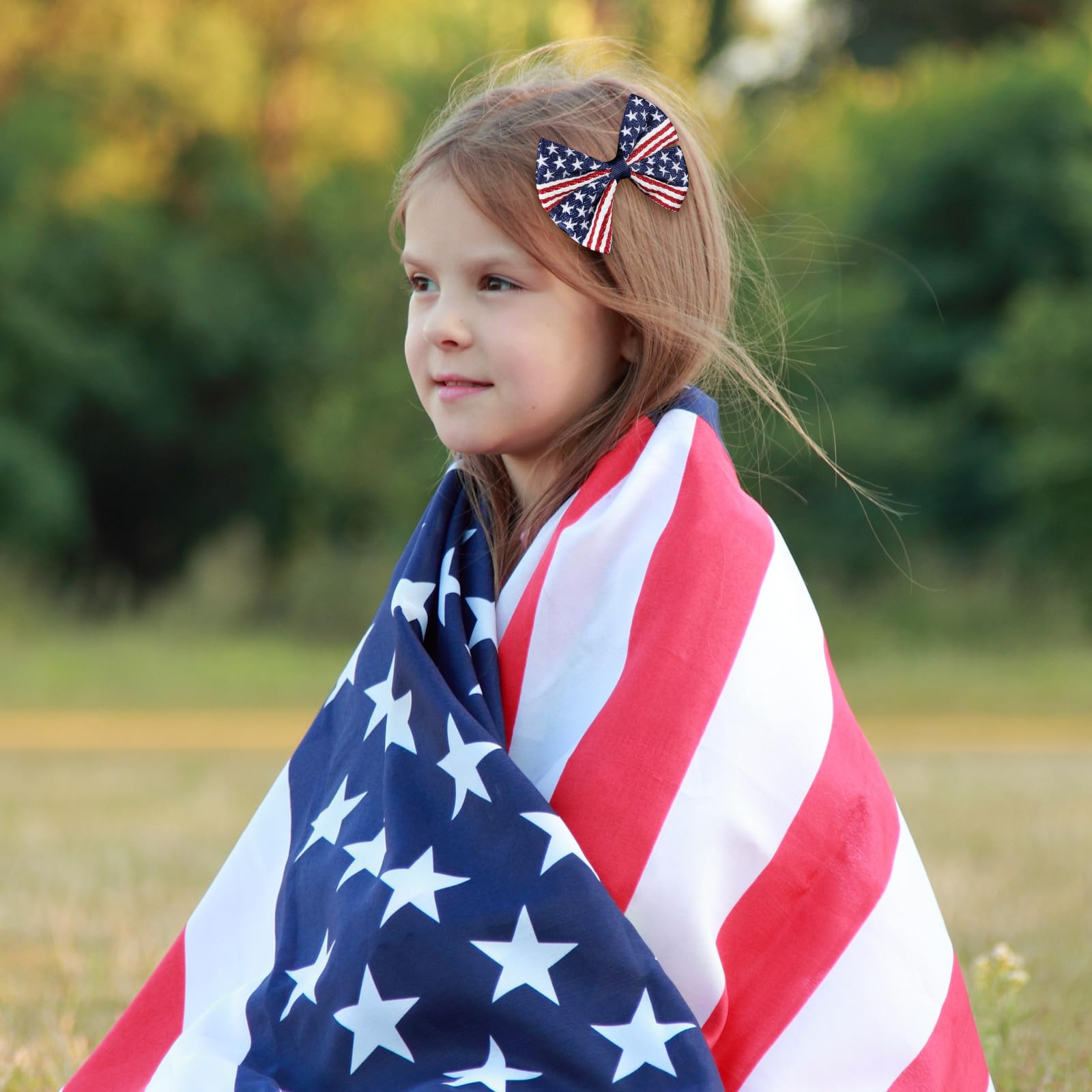 4 Pcs Girls American Flag Hair Bow Clips - Patriotic Red White Blue Stars & Stripes Alligator Hair Pins for July 4th, Independence Day, Memorial Day - Perfect for Outfit Decor, Party Accessories & Gifts