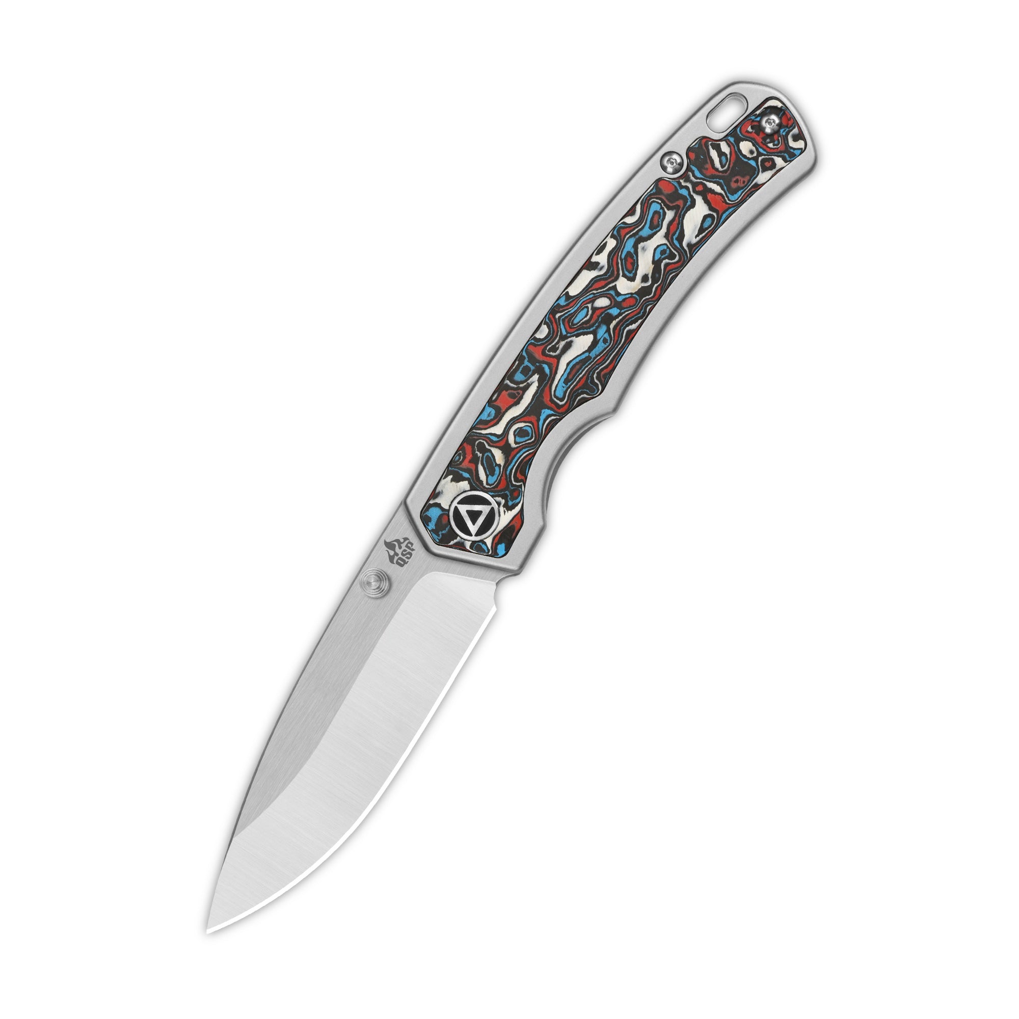 QSP Puffin Frame Lock Pocket Knife - CPM S35VN Steel Blade, Titanium Handle with Red/Blue Camo Carbon Fiber Inlay - EDC, Outdoor, Camping & Survival Knife