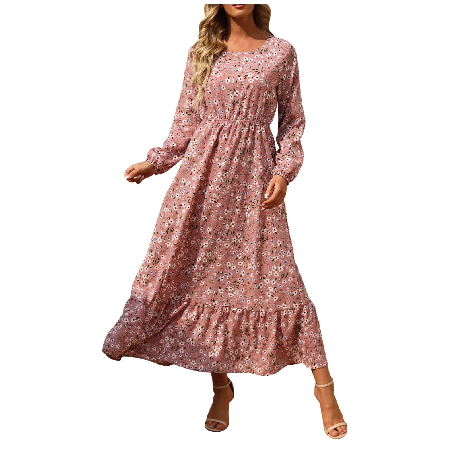 Elegant Women's Floral Printed Long Sleeve Ruffle Dress - Soft Flowy Maxi Dress for Casual Wear, Date Night & Special Occasions