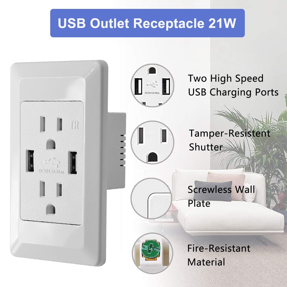 GREENCYCLE 10-Pack USB Outlet Receptacle - 4.2A Fast Charging, 15A Tamper-Resistant Duplex Wall Socket with Dual USB Ports & Screwless Wall Plates - Perfect for Home, Office & Hotel Charging Stations