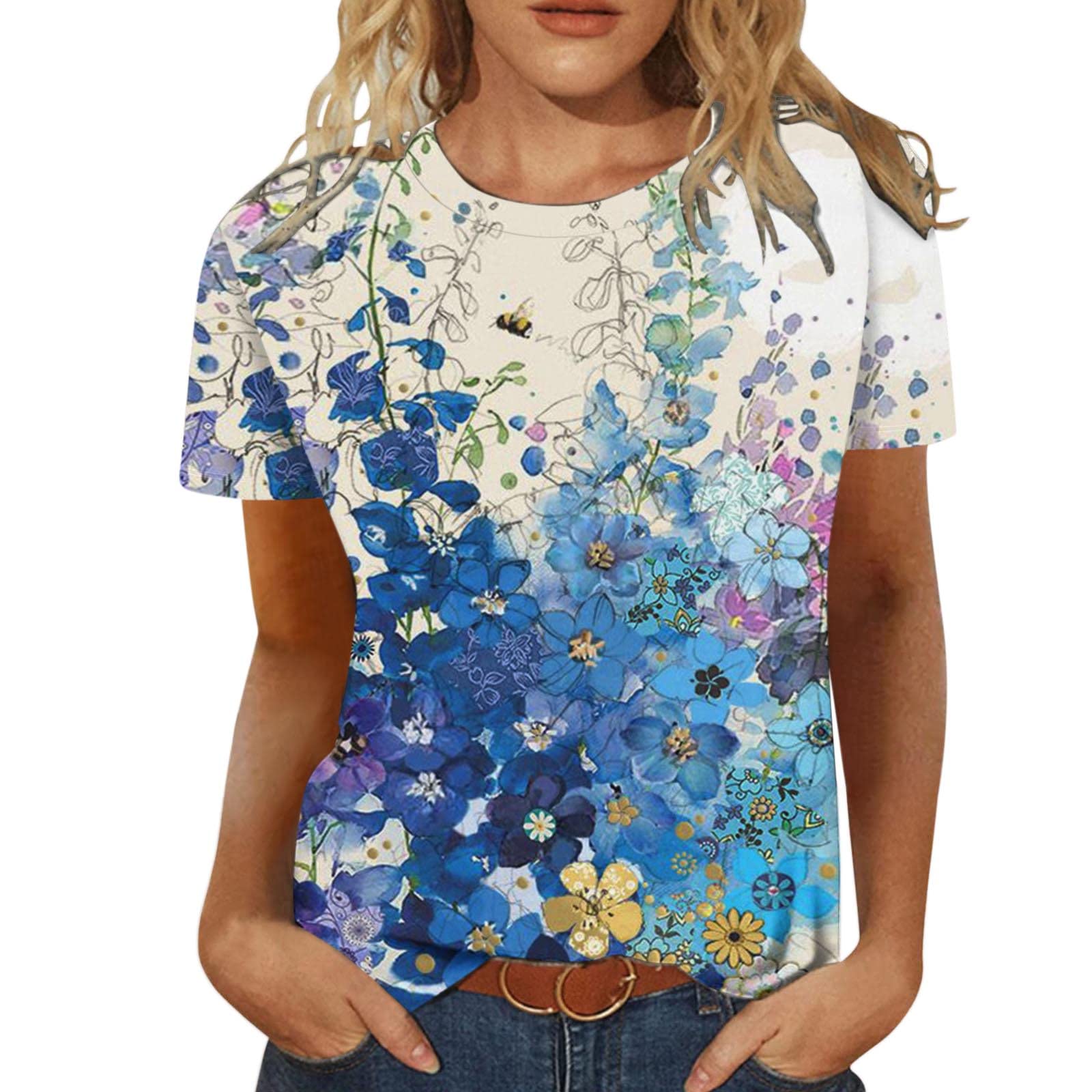 Women's Floral Print Casual Tunic Top - Crewneck Short Sleeve Blouse for Summer & Fall | Work, Office, Workout & Everyday Wear
