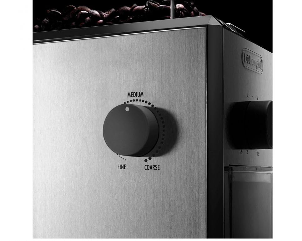 De'Longhi Stainless Steel Burr Coffee Grinder - Adjustable Coarseness for Espresso, Drip & French Press - Perfect for Home Baristas & Coffee Enthusiasts (Silver)