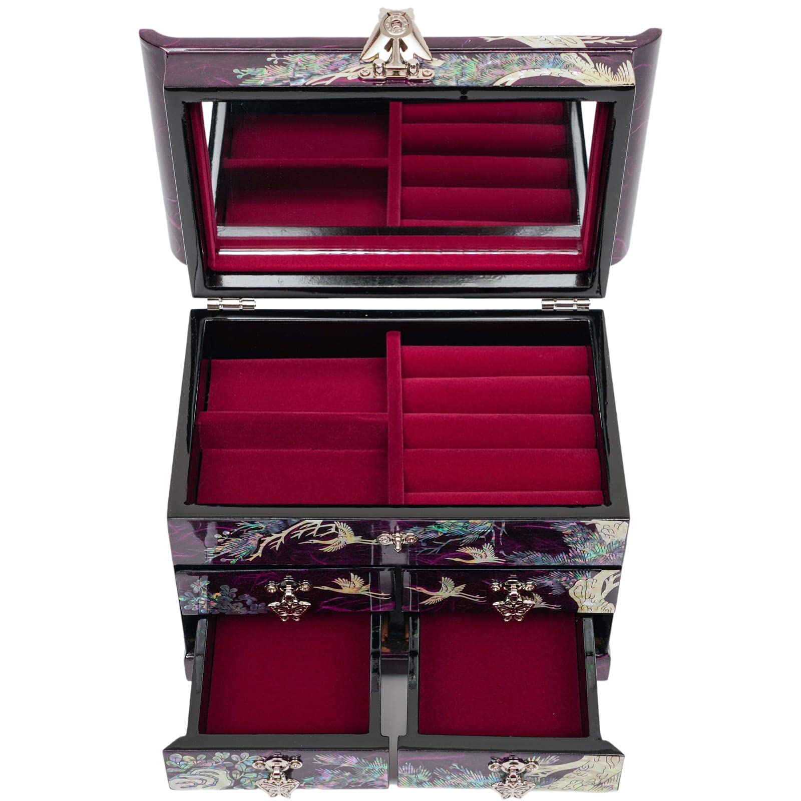 February Mountain Mother of Pearl Wooden Jewelry Organizer Box - Spacious Jewelry Storage for Women with Multiple Drawers | Perfect for Rings, Bracelets, Watches, Necklaces & Accessories | Elegant Home Decor & Gift Idea (Crane Purple)