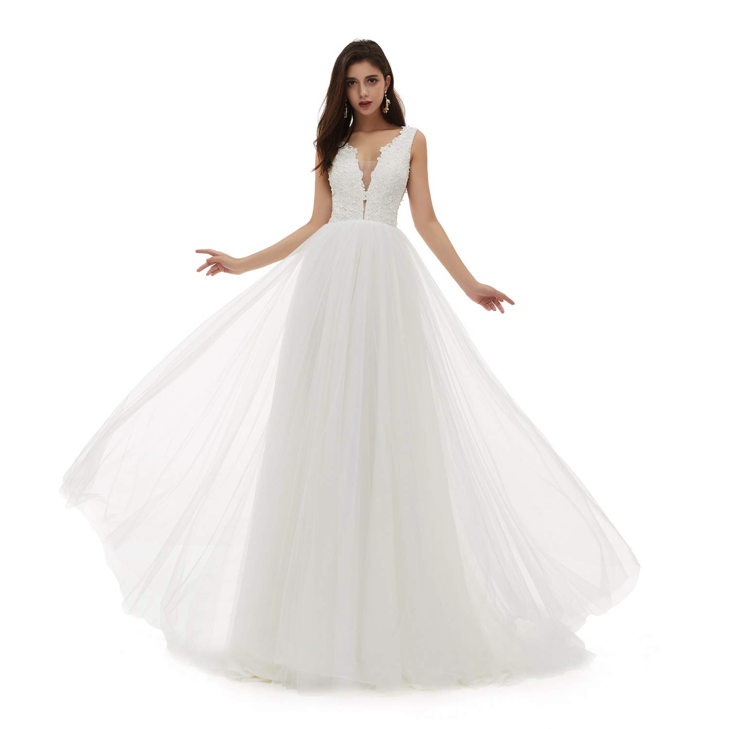 Leyidress Ivory Pearl Tulle A-Line Beach Wedding Dress for Women – Perfect for Beach Weddings, Destination Elopements & Boho Bridal Photoshoots