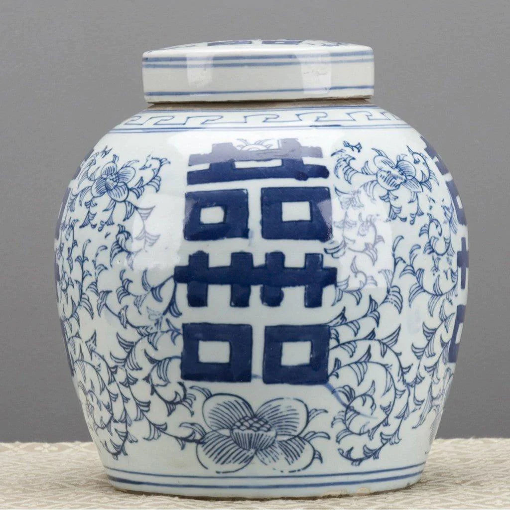 Blue and White Double Happiness Lidded Jar - Chinese Wedding Ceramic Tea Canister, Home Decor & Gift for Couples - Perfect for Wedding Favors, Anniversary Gifts & Boho Home Decor